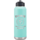 Laser etched teal 32 oz vacuum insulated water bottle with 'Beer Makes Me Hoppy' design