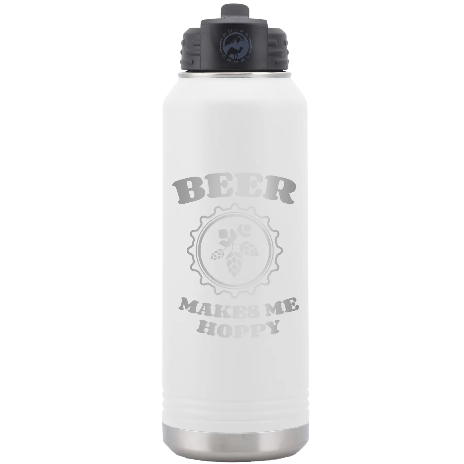 Laser etched white 32 oz vacuum insulated water bottle with 'Beer Makes Me Hoppy' design