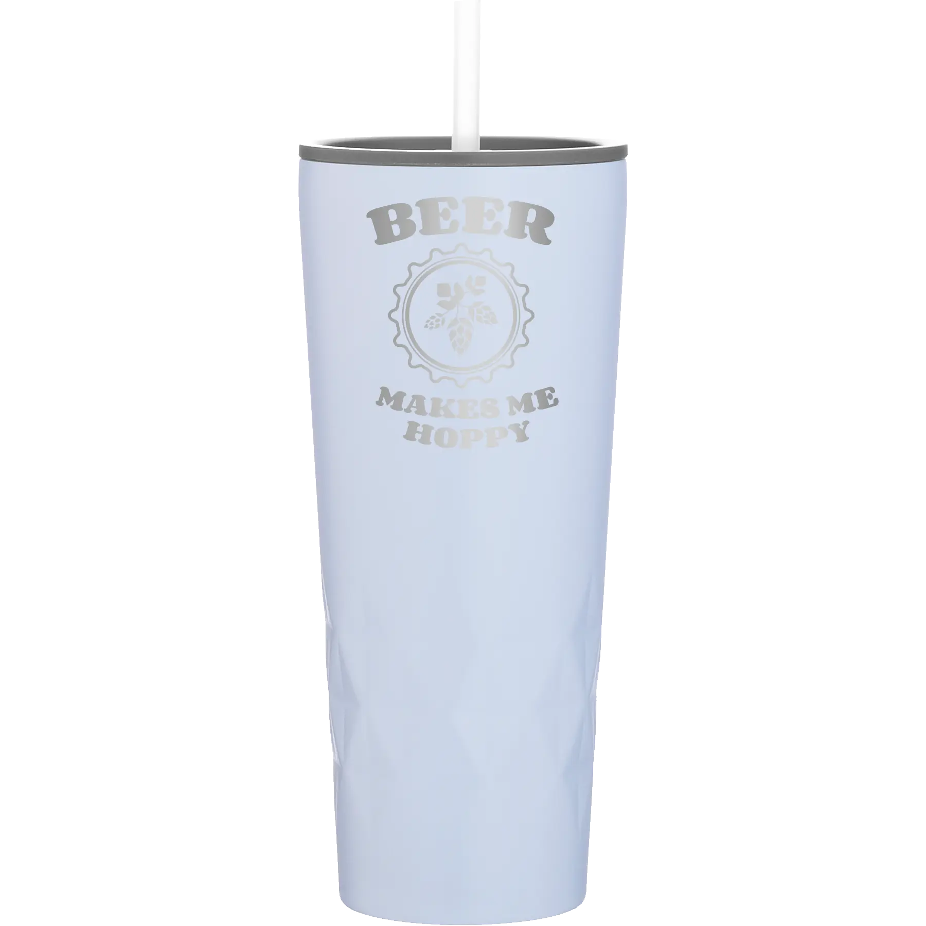 Laser etched landfall 20 oz vacuum insulated tumbler with 'Beer Makes Me Hoppy' design