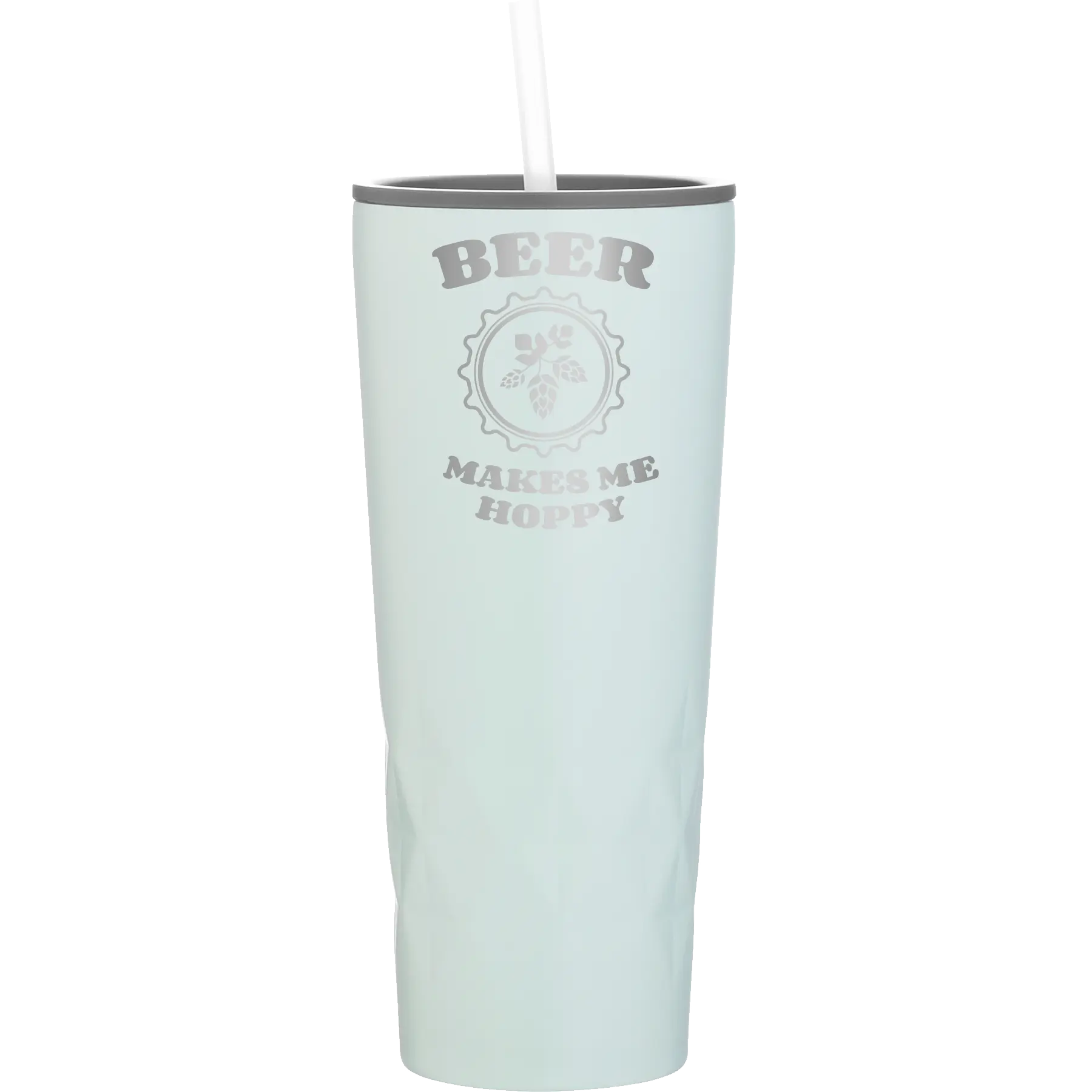 Laser etched meadow 20 oz vacuum insulated tumbler with 'Beer Makes Me Hoppy' design