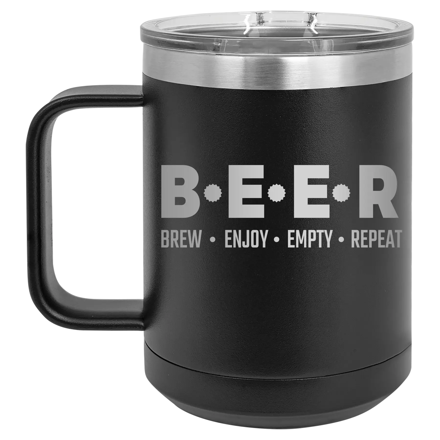 Laser etched black 15 oz vacuum insulated coffee mug with 'Brew Enjoy Empty Repeat' design