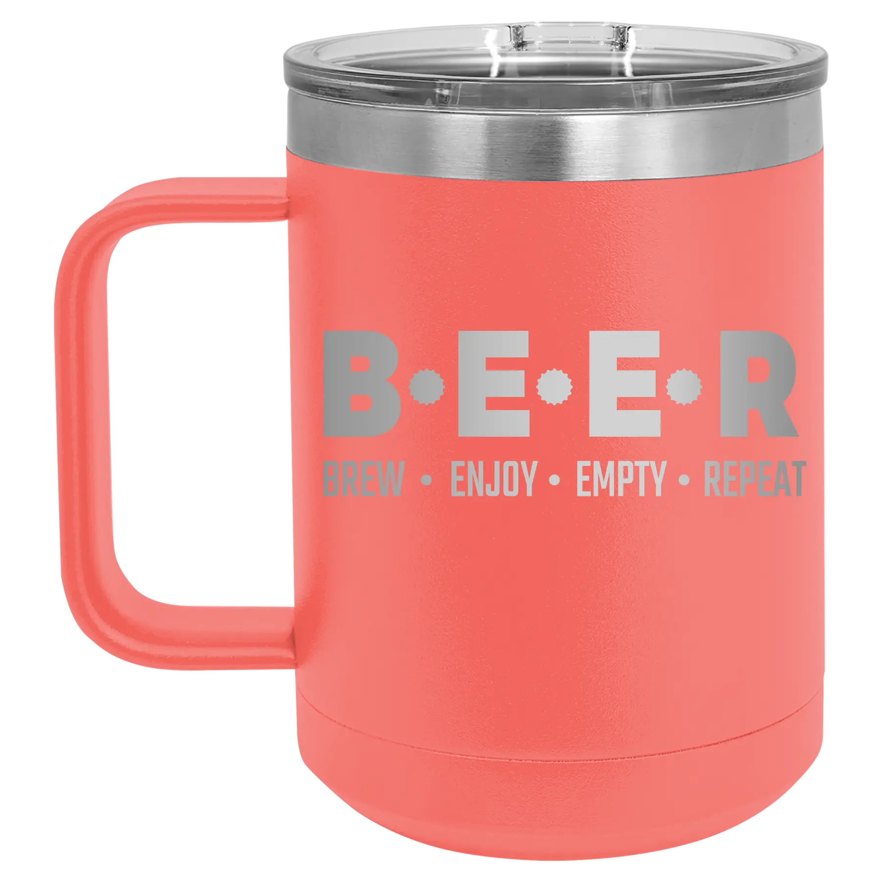 Laser etched coral 15 oz vacuum insulated coffee mug with 'Brew Enjoy Empty Repeat' design