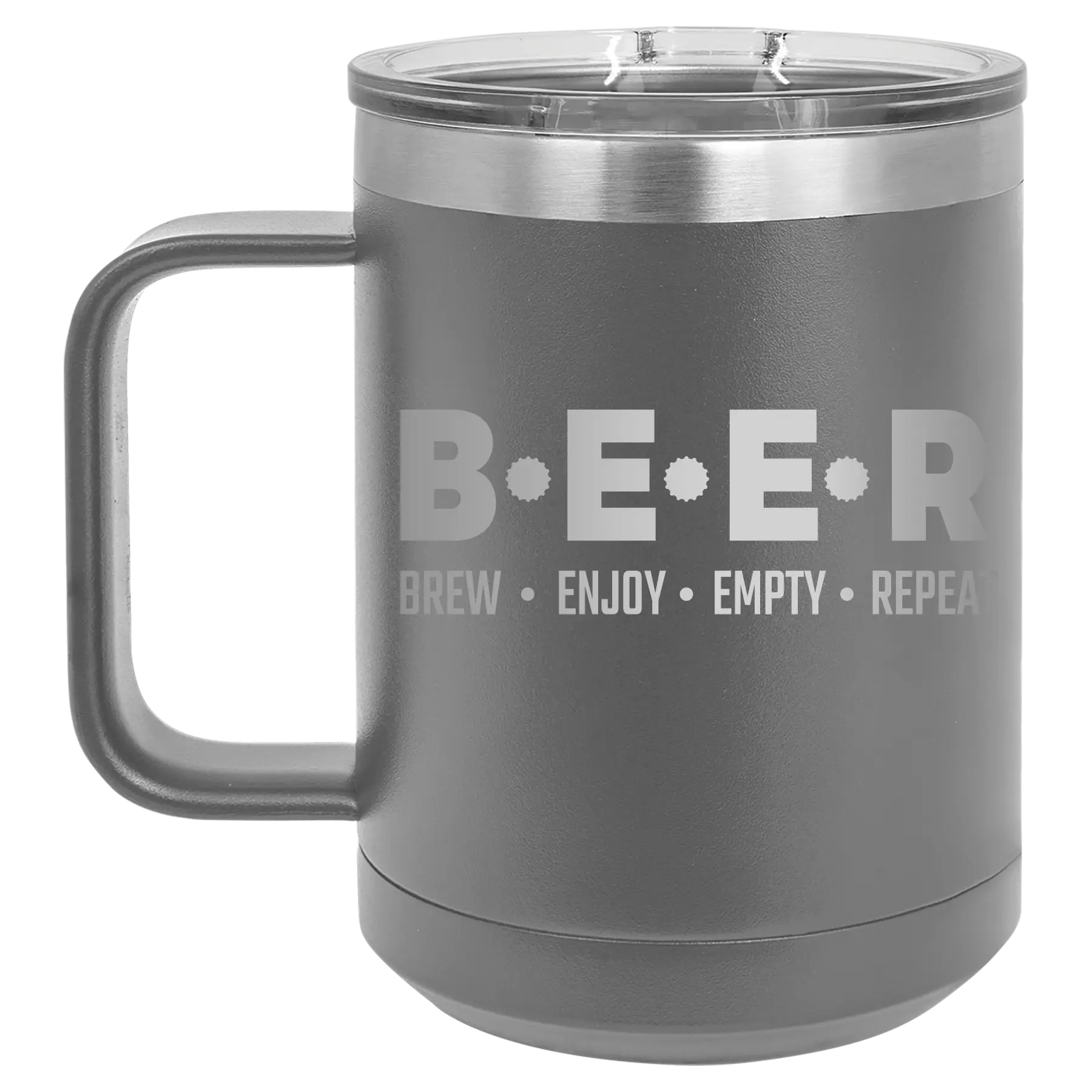 Laser etched dark gray 15 oz vacuum insulated coffee mug with 'Brew Enjoy Empty Repeat' design