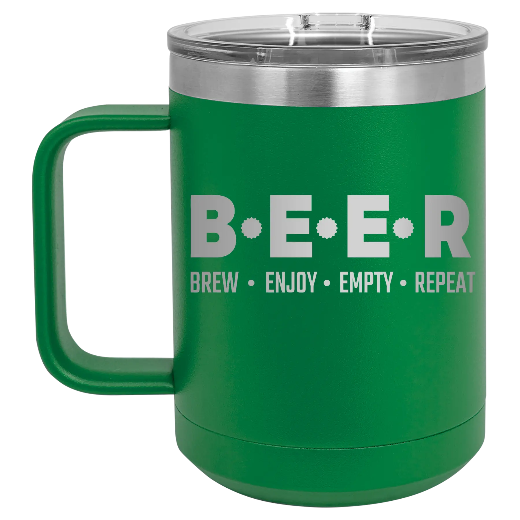 Laser etched green 15 oz vacuum insulated coffee mug with 'Brew Enjoy Empty Repeat' design