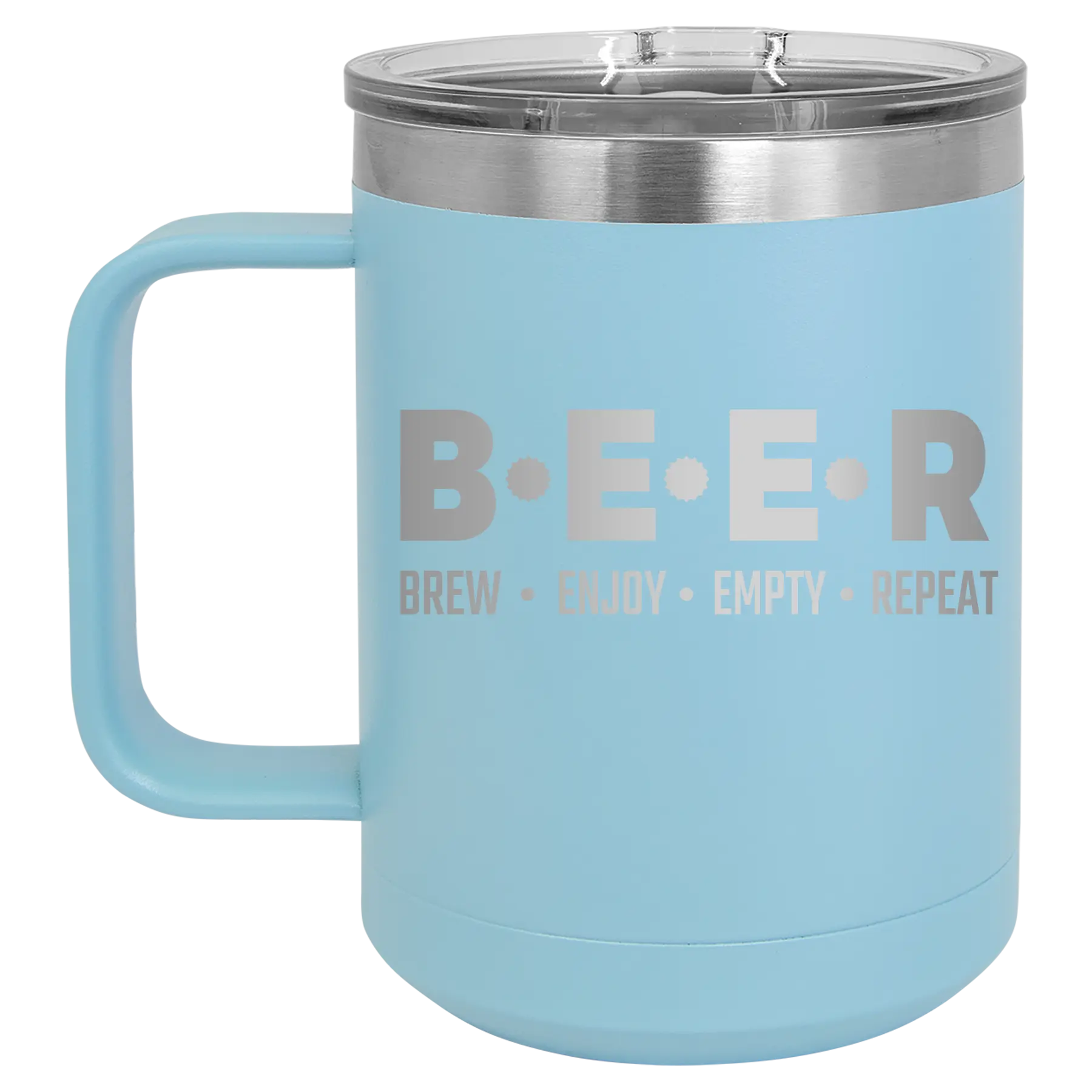 Laser etched light blue 15 oz vacuum insulated coffee mug with 'Brew Enjoy Empty Repeat' design