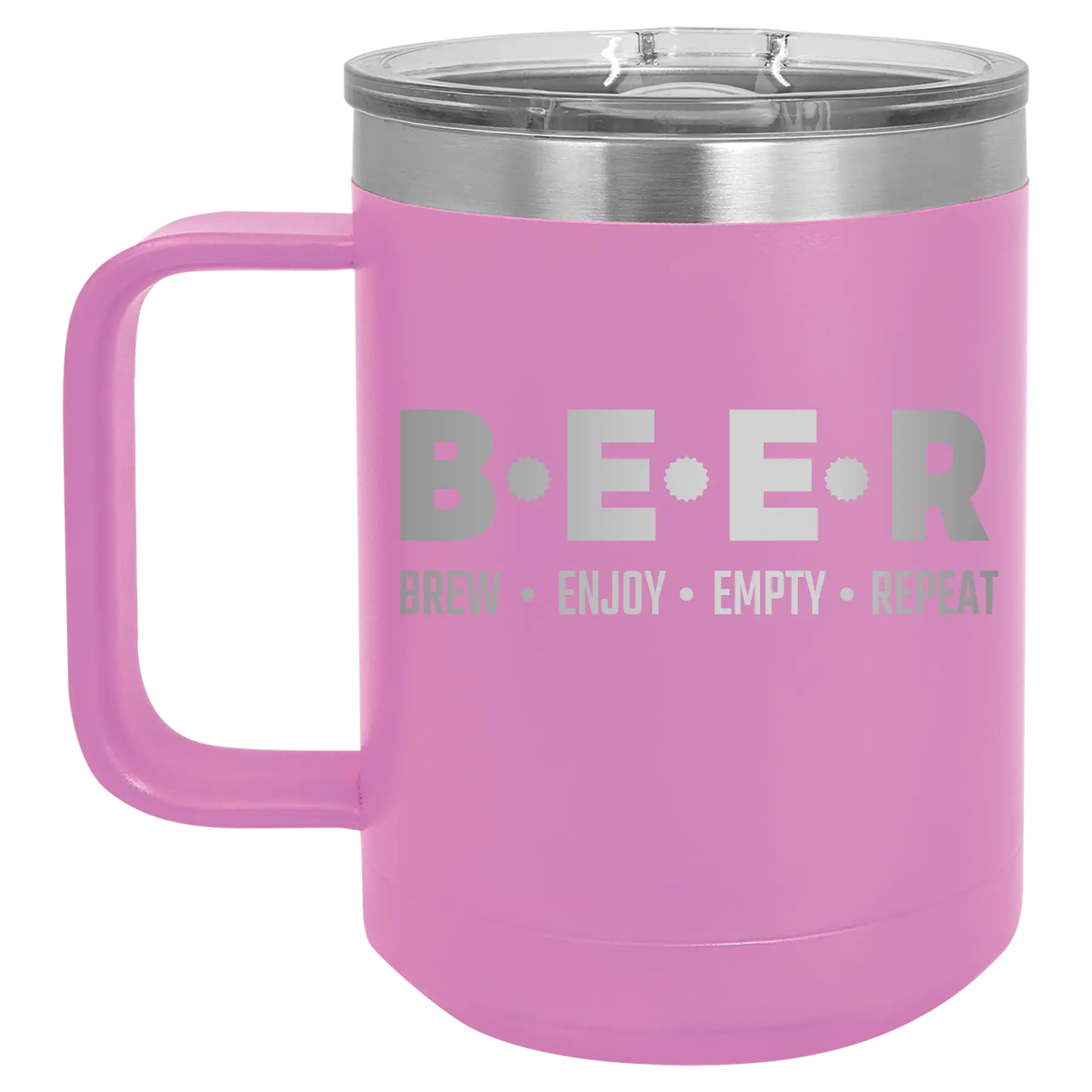 Laser etched light purple 15 oz vacuum insulated coffee mug with 'Brew Enjoy Empty Repeat' design