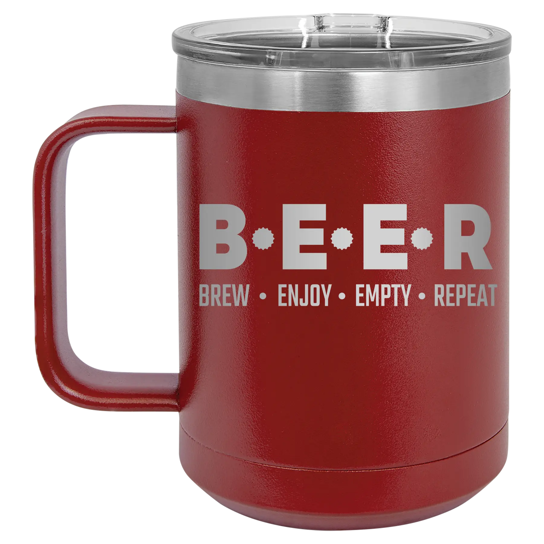 Laser etched maroon 15 oz vacuum insulated coffee mug with 'Brew Enjoy Empty Repeat' design