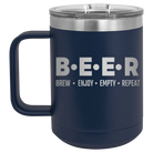 Laser etched navy 15 oz vacuum insulated coffee mug with 'Brew Enjoy Empty Repeat' design