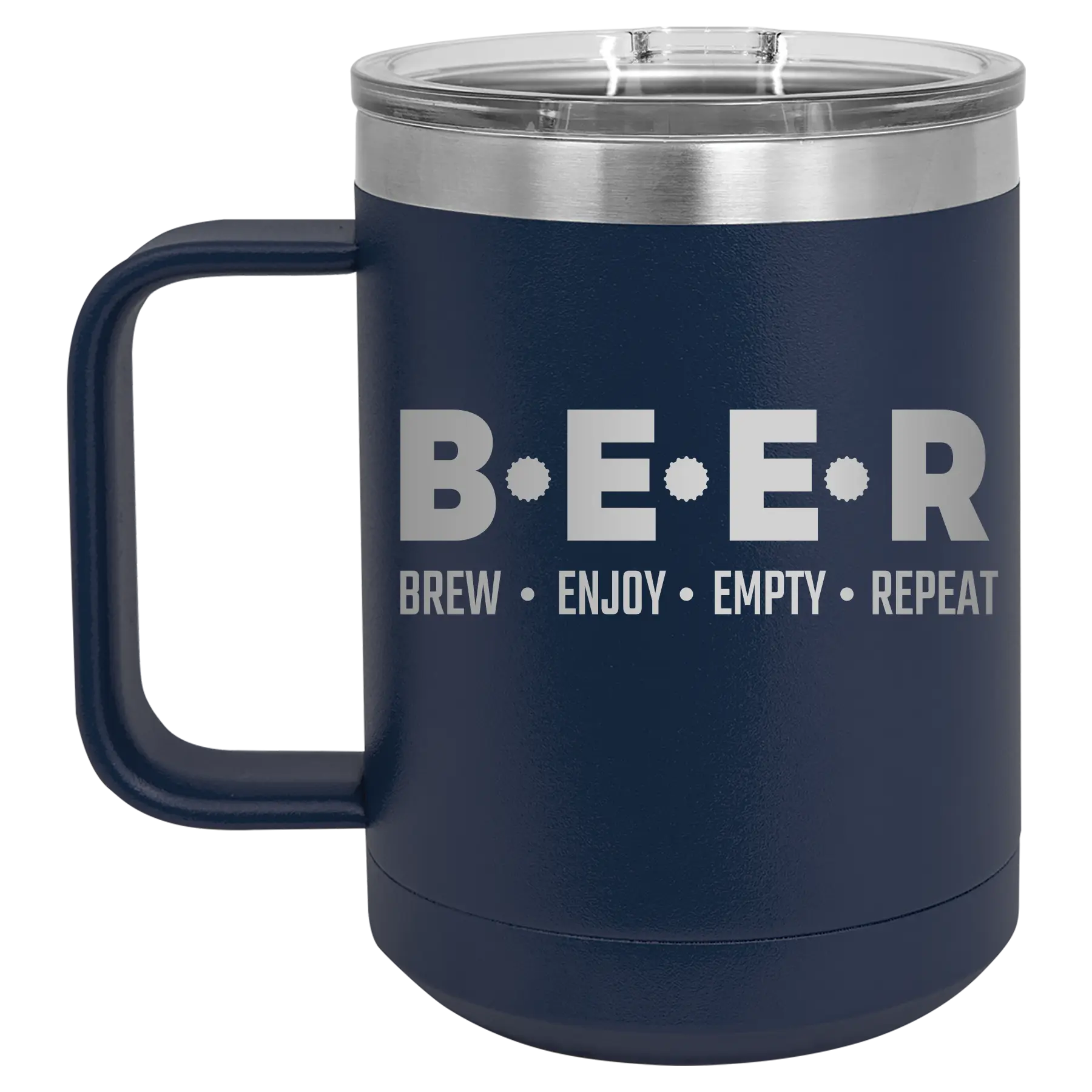 Laser etched navy 15 oz vacuum insulated coffee mug with 'Brew Enjoy Empty Repeat' design