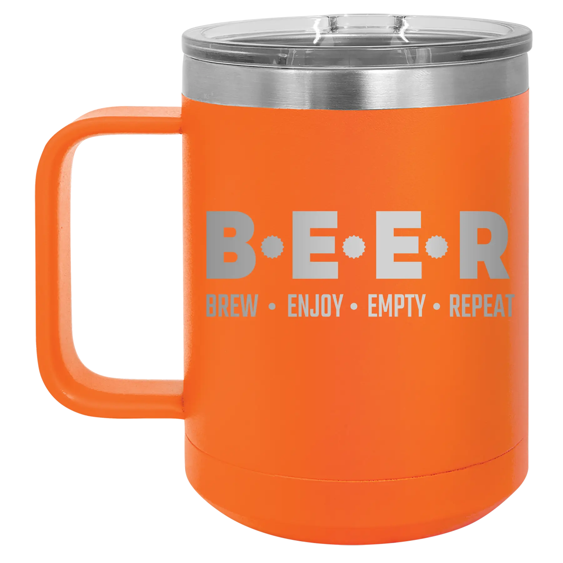 Laser etched orange 15 oz vacuum insulated coffee mug with 'Brew Enjoy Empty Repeat' design