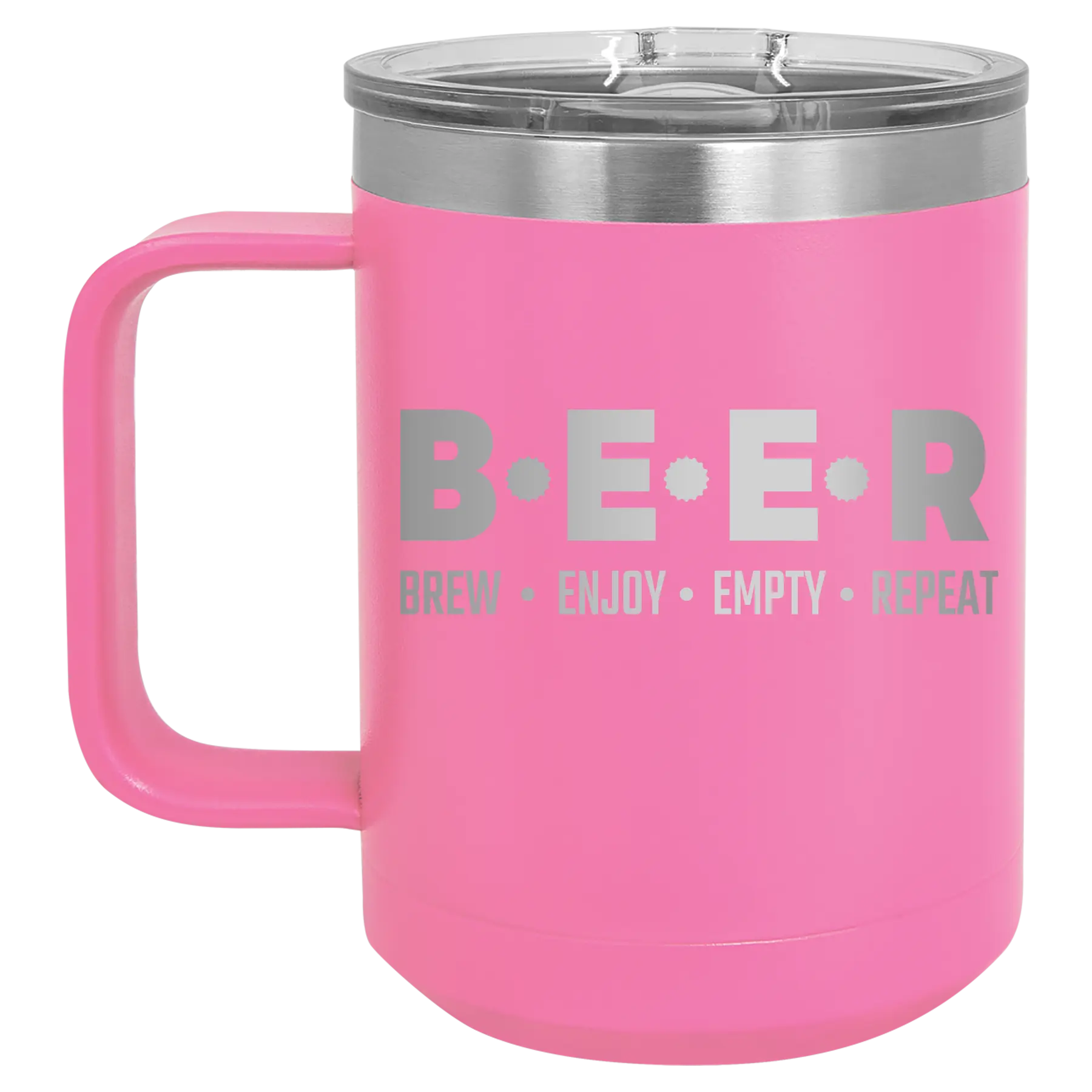 Laser etched pink 15 oz vacuum insulated coffee mug with 'Brew Enjoy Empty Repeat' design