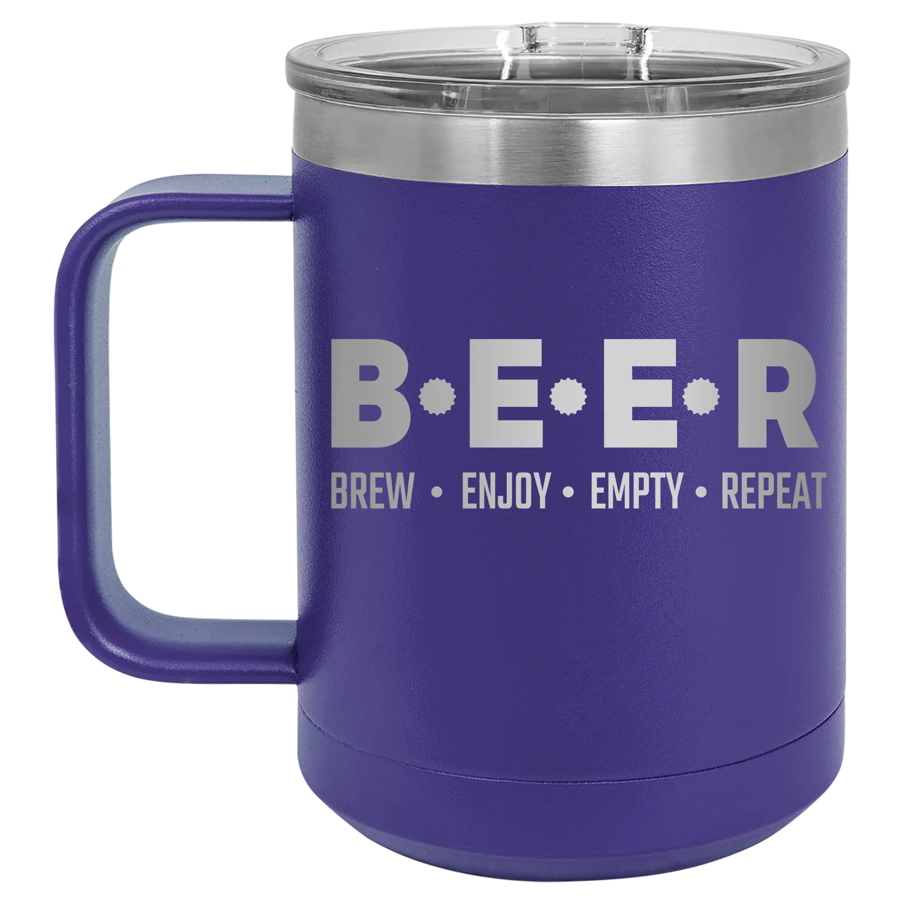 Laser etched purple 15 oz vacuum insulated coffee mug with 'Brew Enjoy Empty Repeat' design
