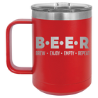 Laser etched red 15 oz vacuum insulated coffee mug with 'Brew Enjoy Empty Repeat' design