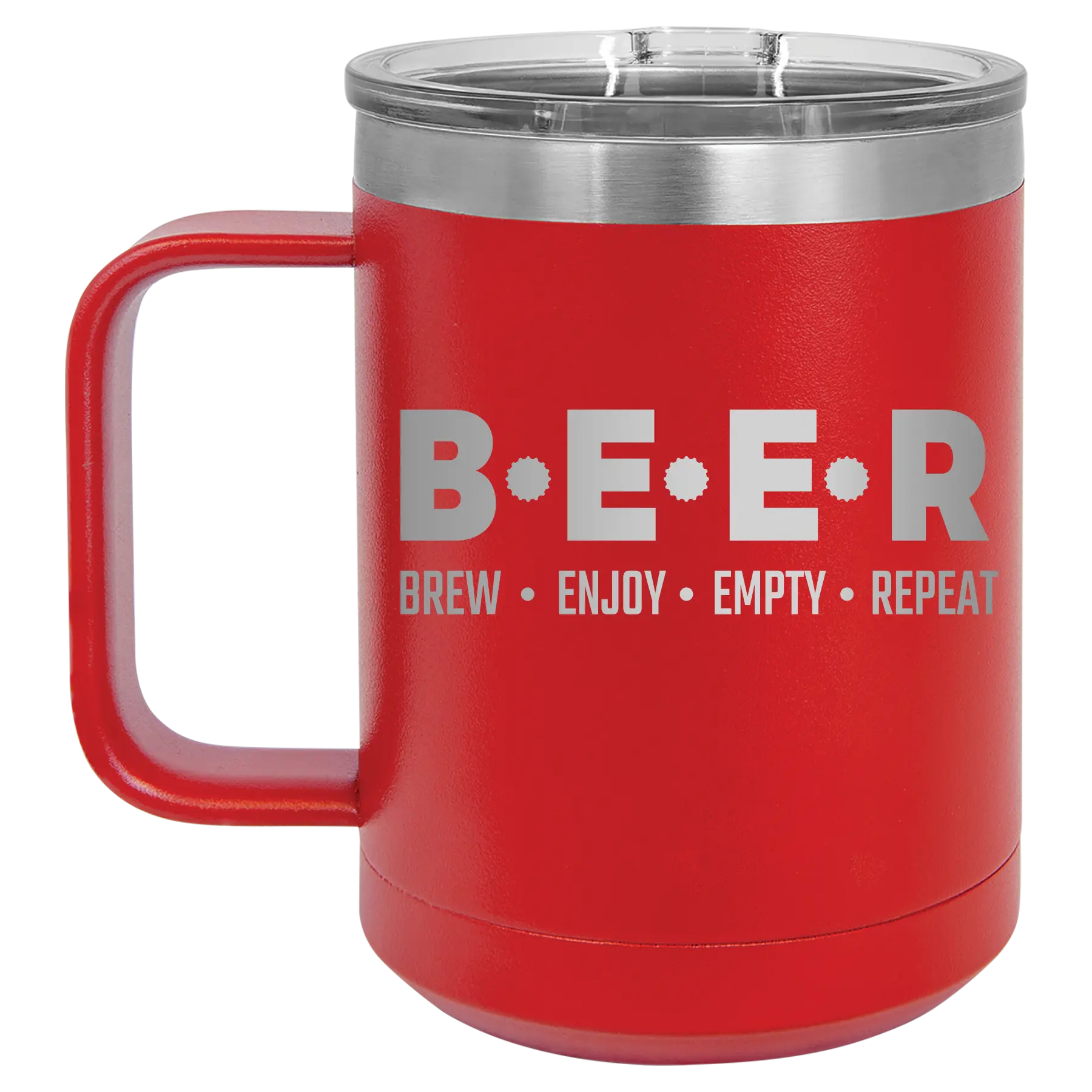 Laser etched red 15 oz vacuum insulated coffee mug with 'Brew Enjoy Empty Repeat' design