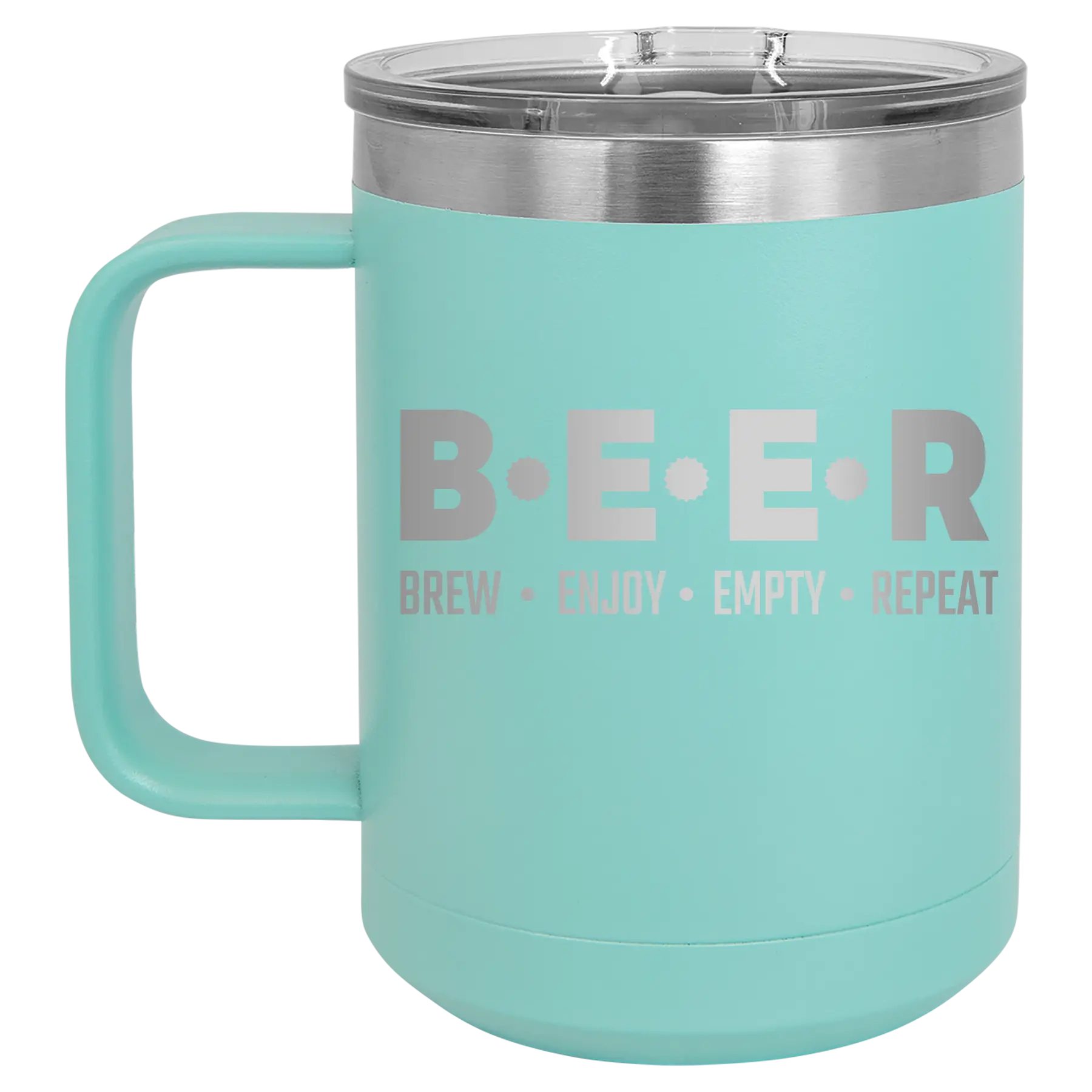 Laser etched teal 15 oz vacuum insulated coffee mug with 'Brew Enjoy Empty Repeat' design