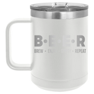 Laser etched white 15 oz vacuum insulated coffee mug with 'Brew Enjoy Empty Repeat' design