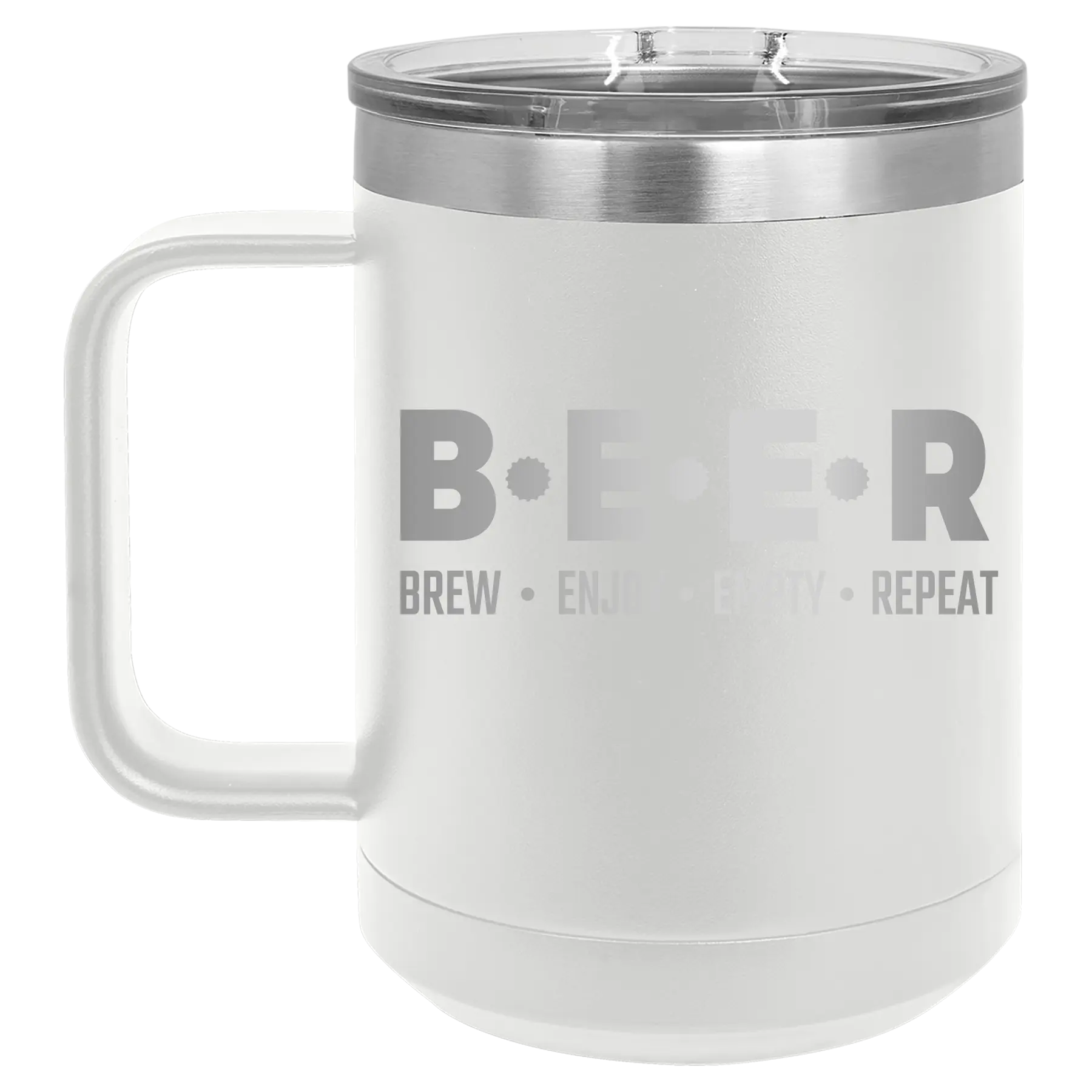 Laser etched white 15 oz vacuum insulated coffee mug with 'Brew Enjoy Empty Repeat' design