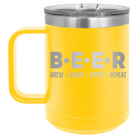 Laser etched yellow 15 oz vacuum insulated coffee mug with 'Brew Enjoy Empty Repeat' design