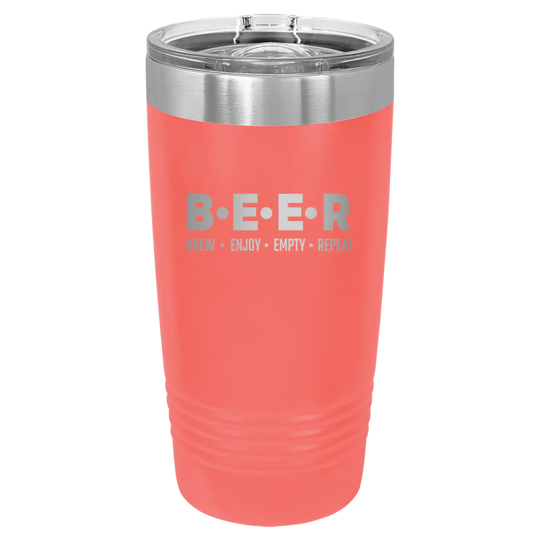 Laser etched coral 20 oz vacuum insulated tumbler with 'Brew Enjoy Empty Repeat' design