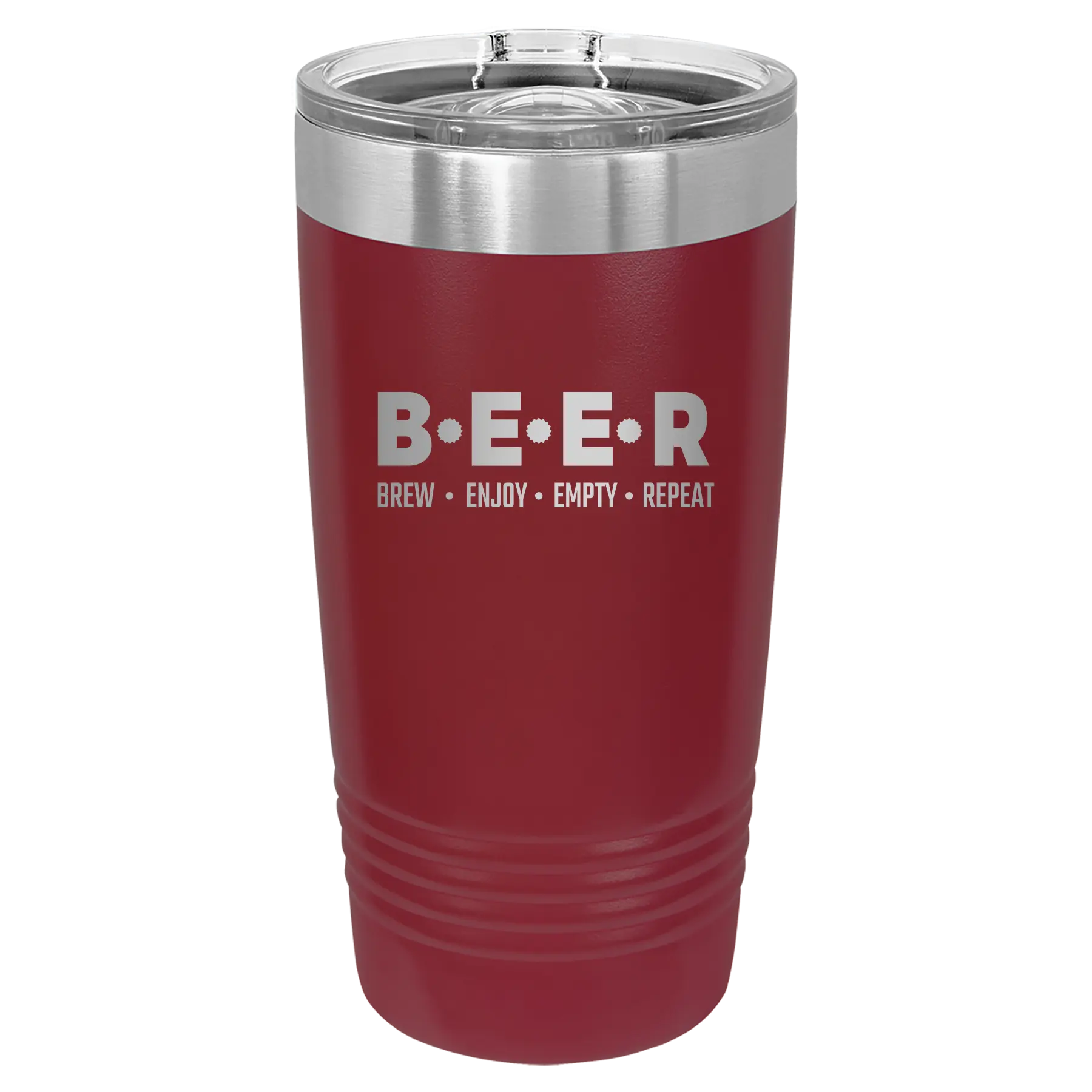 Laser etched maroon 20 oz vacuum insulated tumbler with 'Brew Enjoy Empty Repeat' design