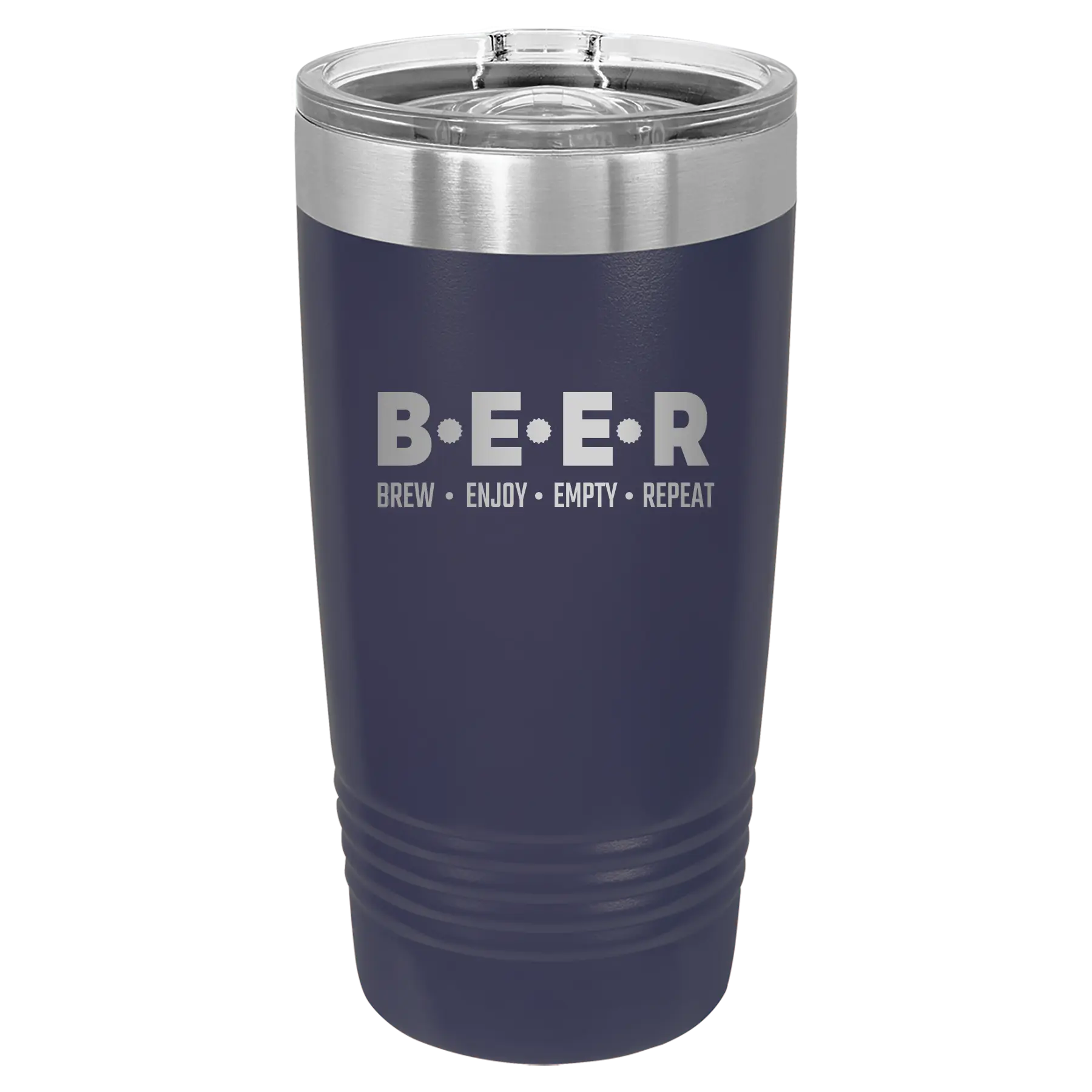 Laser etched navy 20 oz vacuum insulated tumbler with 'Brew Enjoy Empty Repeat' design