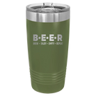 Laser etched olive green 20 oz vacuum insulated tumbler with 'Brew Enjoy Empty Repeat' design