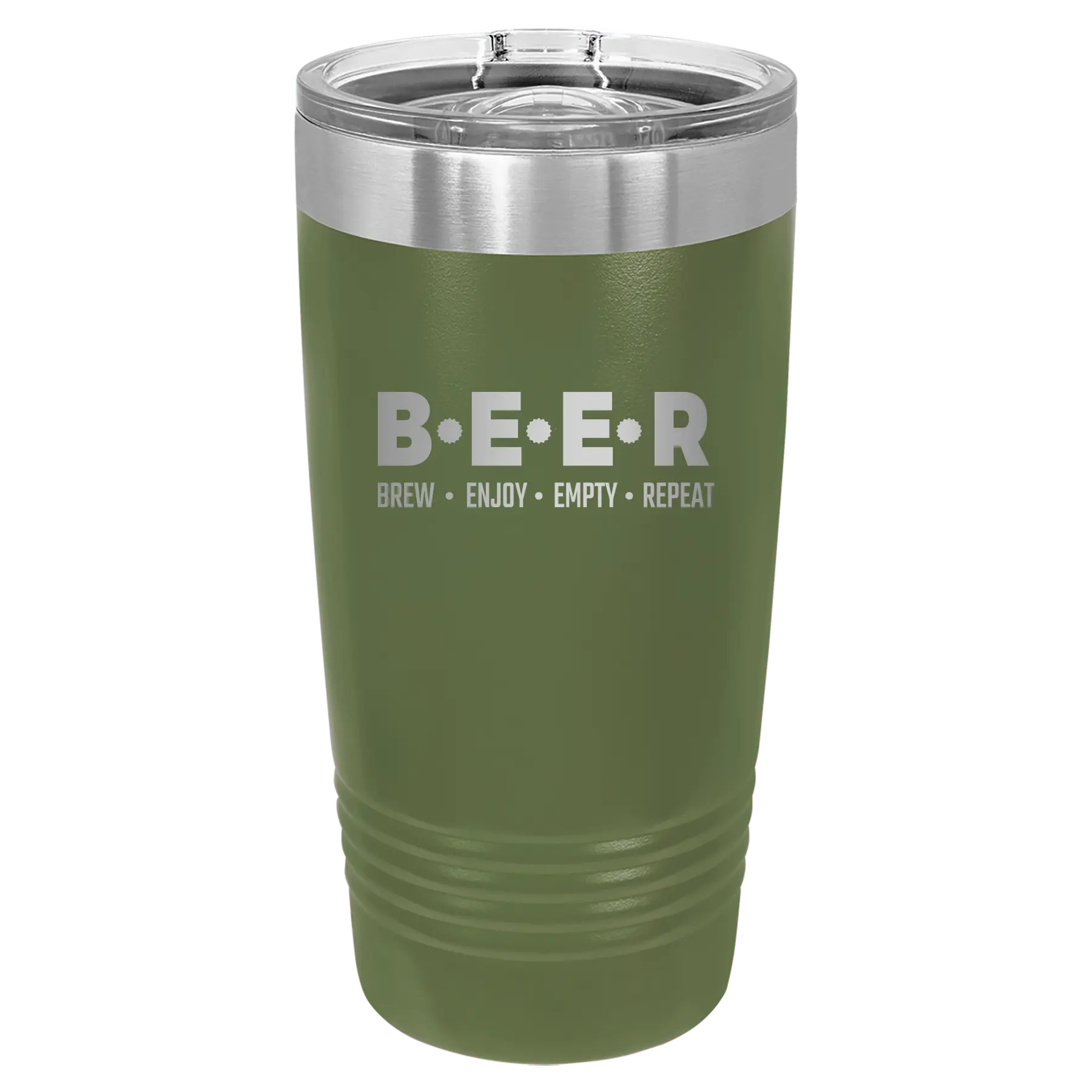 Laser etched olive green 20 oz vacuum insulated tumbler with 'Brew Enjoy Empty Repeat' design