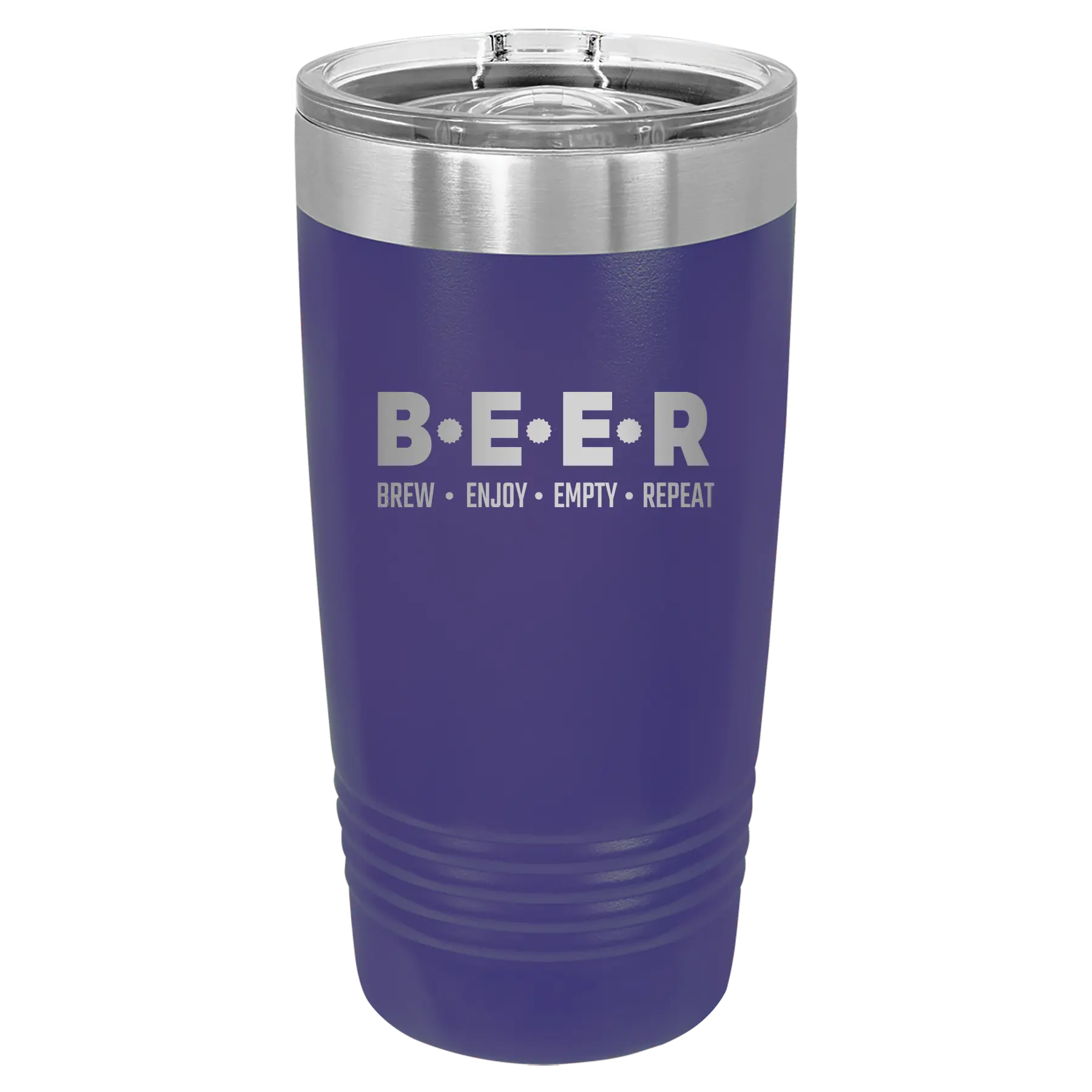 Laser etched purple 20 oz vacuum insulated tumbler with 'Brew Enjoy Empty Repeat' design