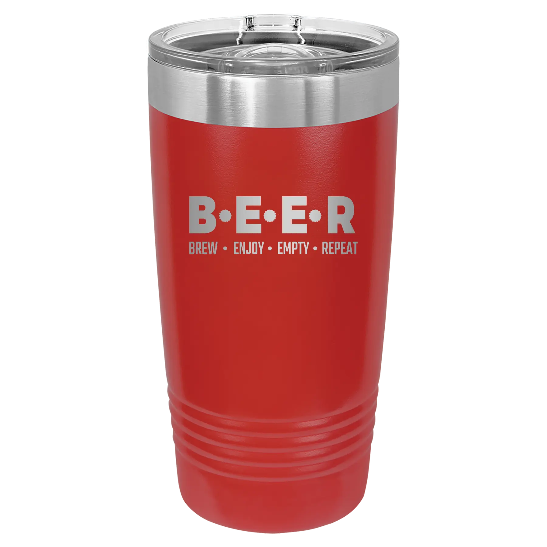 Laser etched red 20 oz vacuum insulated tumbler with 'Brew Enjoy Empty Repeat' design