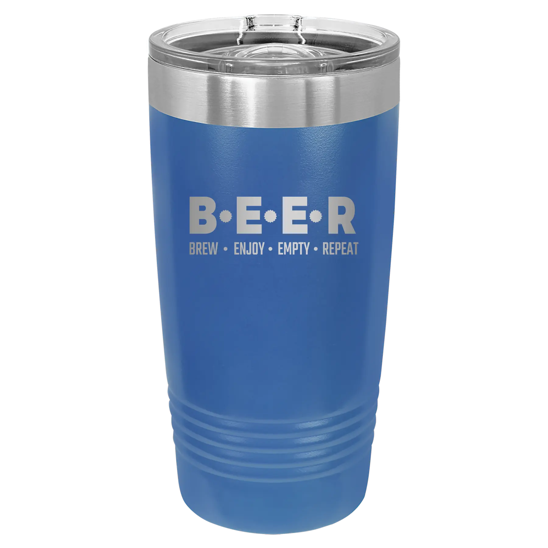 Laser etched royal blue 20 oz vacuum insulated tumbler with 'Brew Enjoy Empty Repeat' design