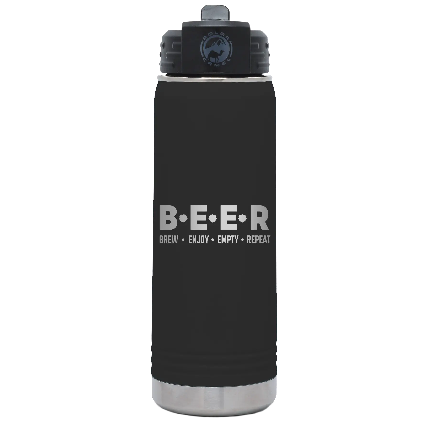 Laser etched black 20 oz vacuum insulated water bottle with 'Brew Enjoy Empty Repeat' design