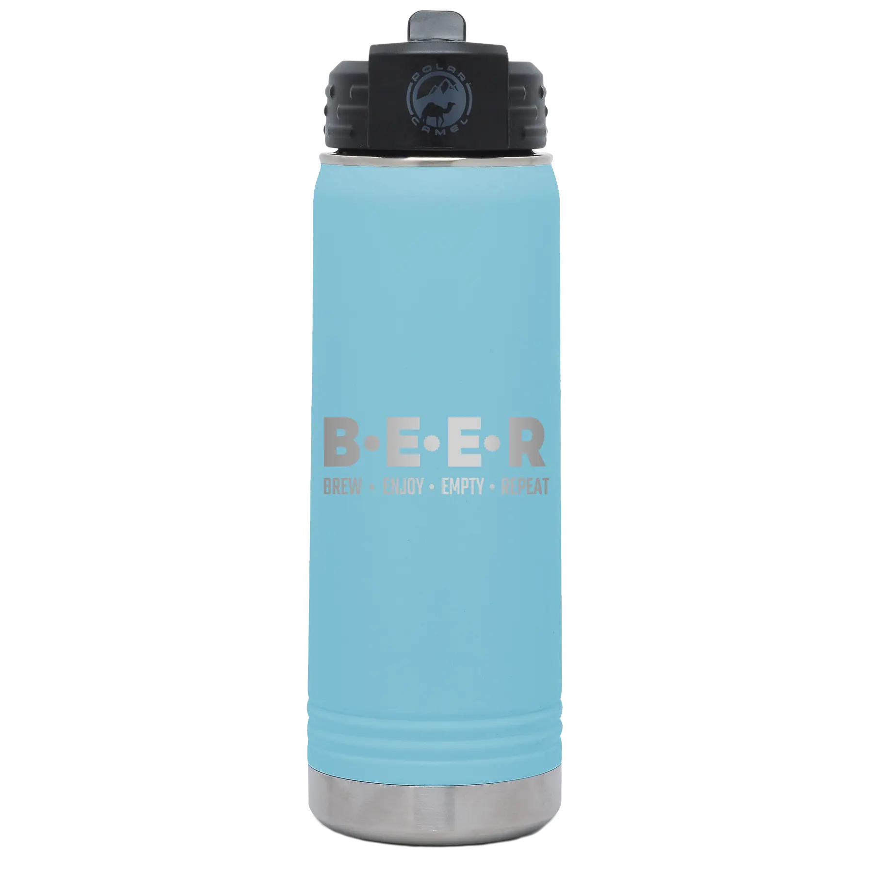 Laser etched light blue 20 oz vacuum insulated water bottle with 'Brew Enjoy Empty Repeat' design