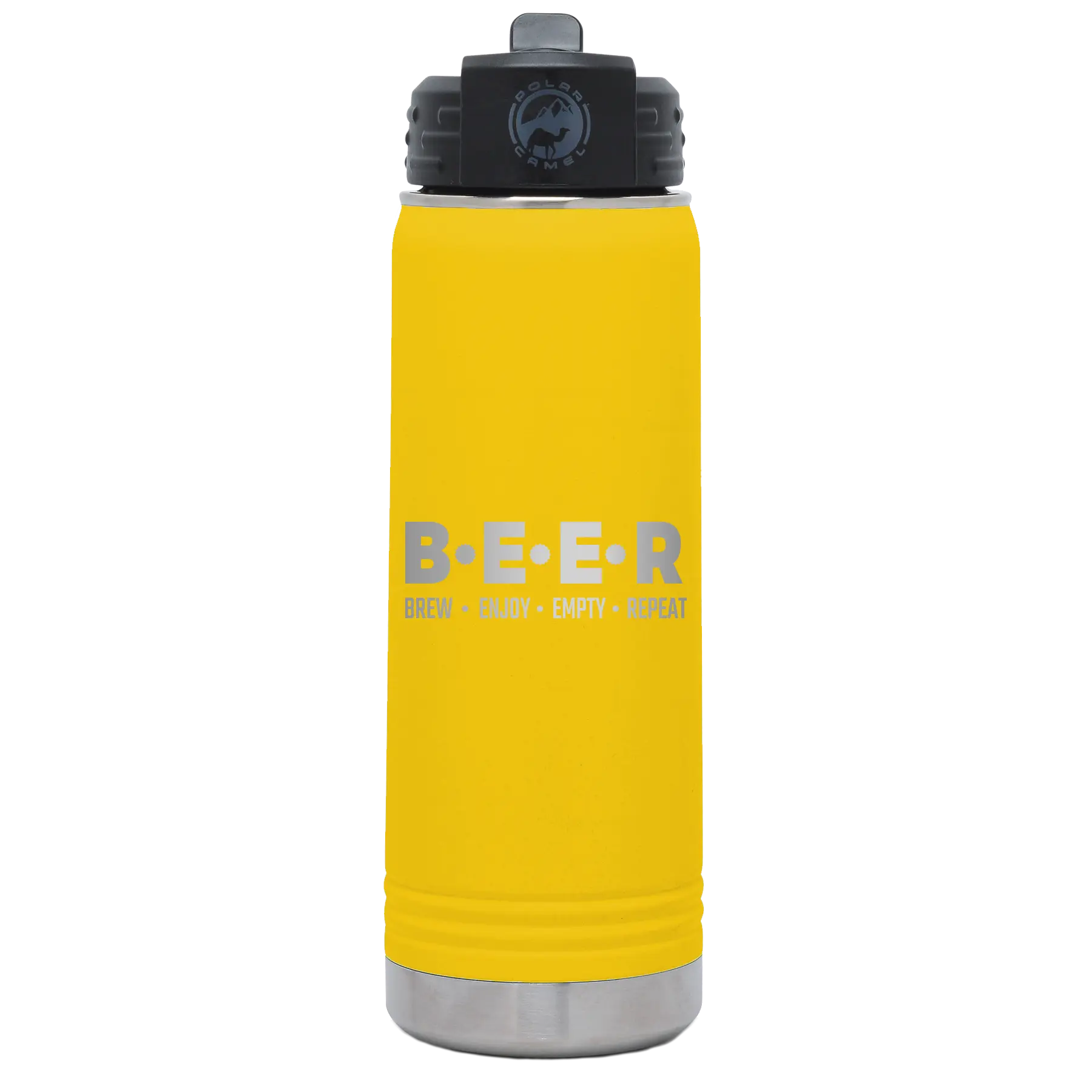 Laser etched yellow 20 oz vacuum insulated water bottle with 'Brew Enjoy Empty Repeat' design