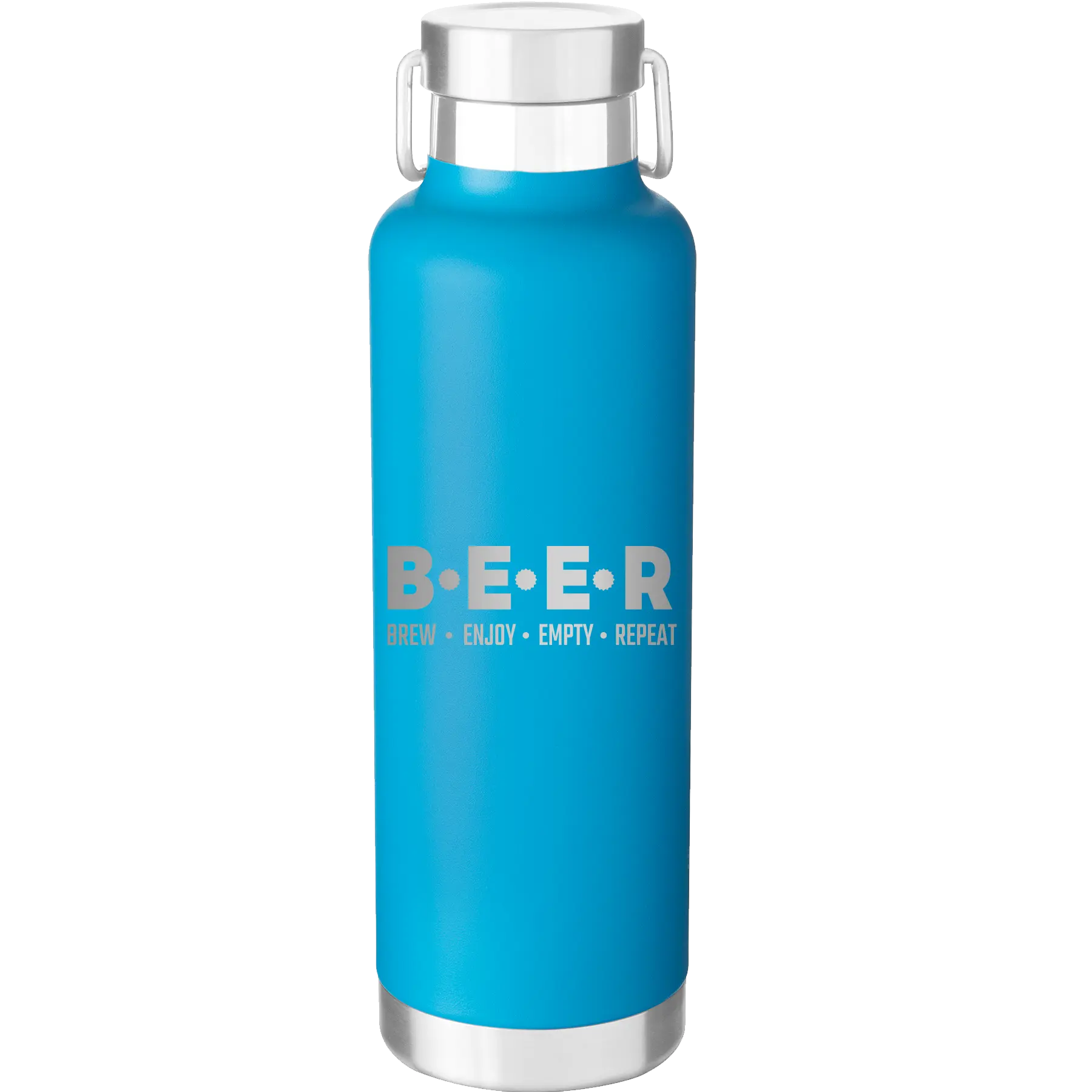 Laser etched aqua 24 oz vacuum insulated water bottle with 'Brew Enjoy Empty Repeat' design