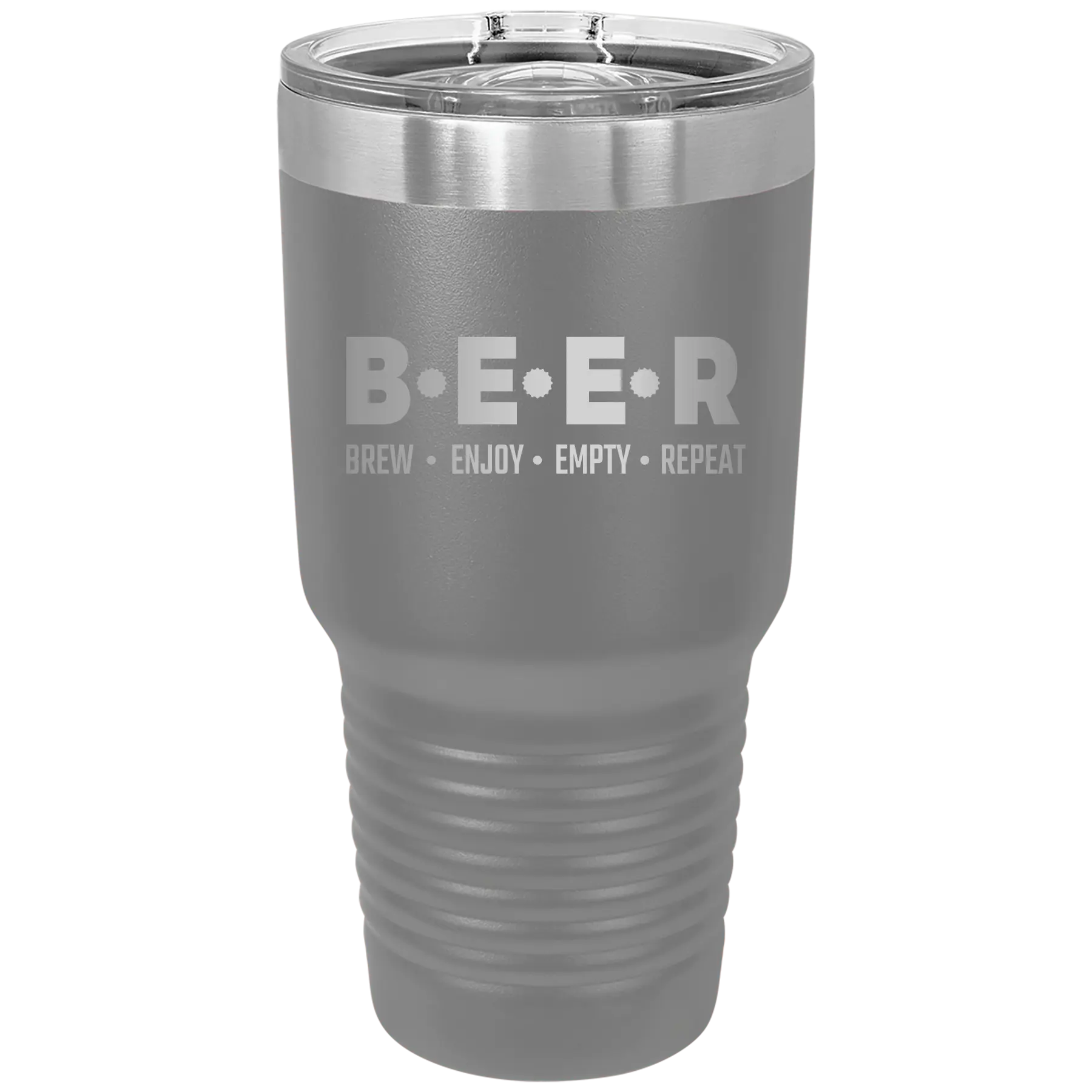Laser etched dark gray 30 oz vacuum insulated tumbler with 'Brew Enjoy Empty Repeat' design