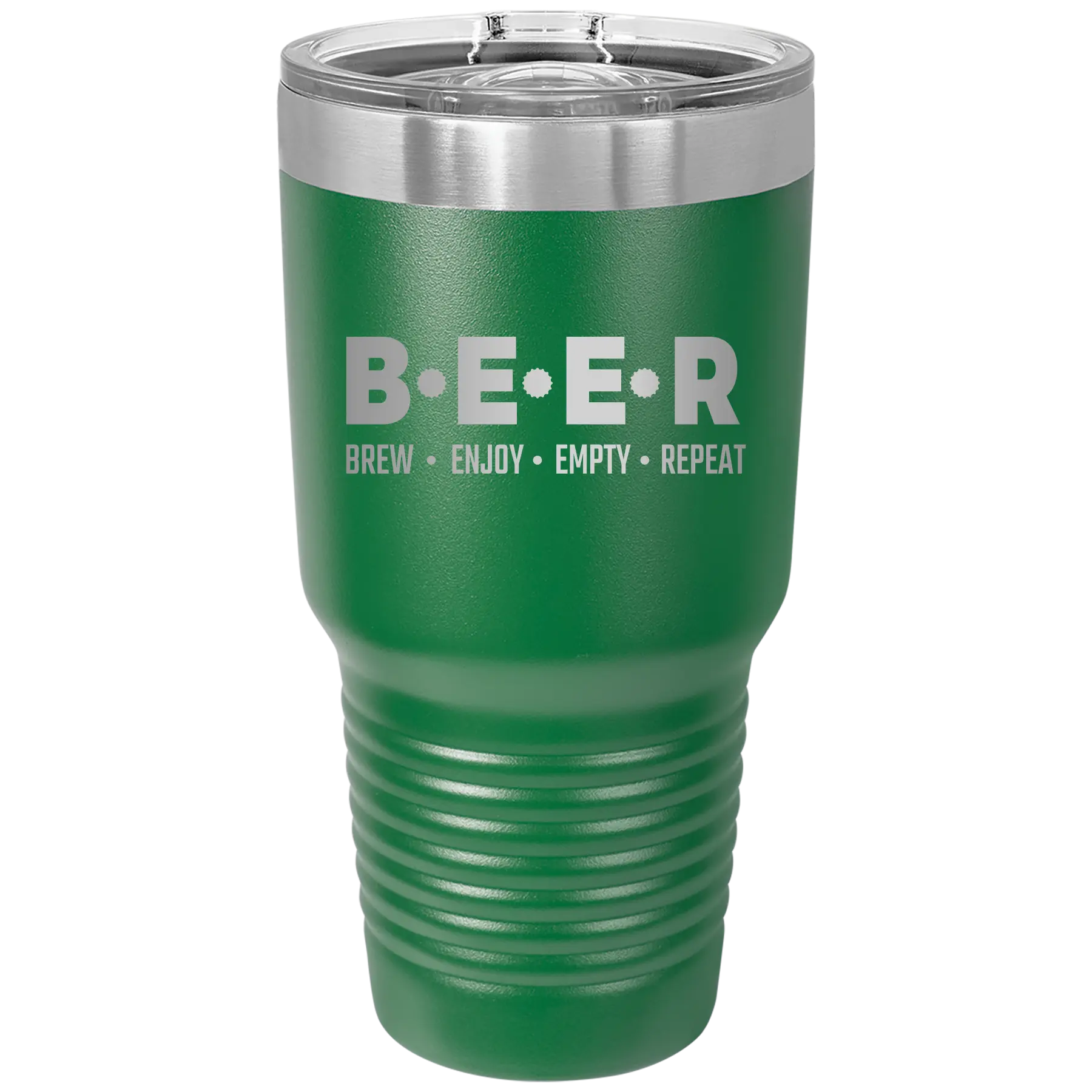 Laser etched green 30 oz vacuum insulated tumbler with 'Brew Enjoy Empty Repeat' design