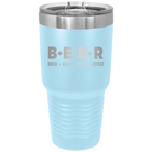 Laser etched light blue 30 oz vacuum insulated tumbler with 'Brew Enjoy Empty Repeat' design