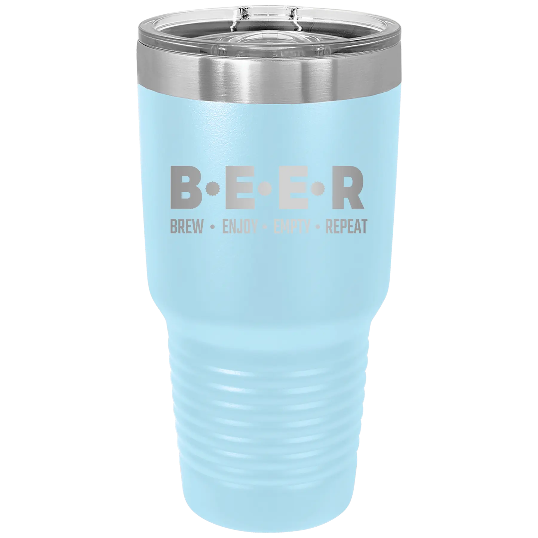 Laser etched light blue 30 oz vacuum insulated tumbler with 'Brew Enjoy Empty Repeat' design