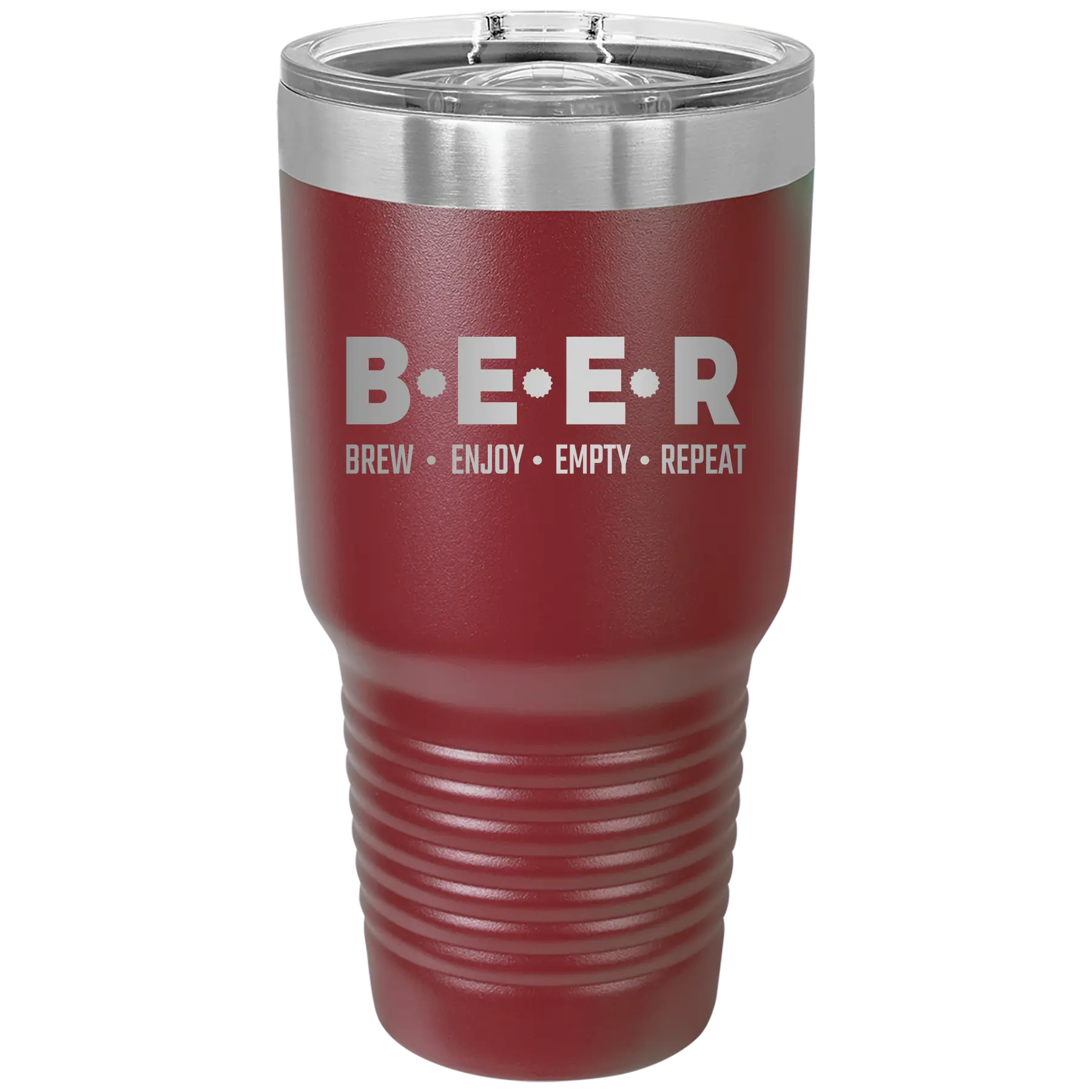 Laser etched maroon 30 oz vacuum insulated tumbler with 'Brew Enjoy Empty Repeat' design