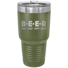 Laser etched olive green 30 oz vacuum insulated tumbler with 'Brew Enjoy Empty Repeat' design