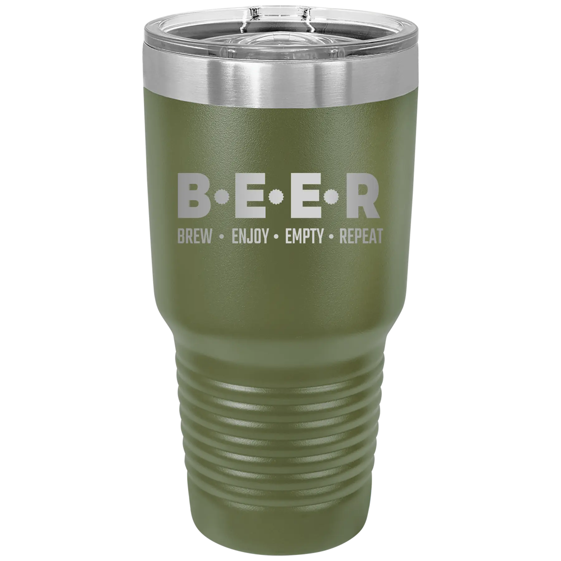 Laser etched olive green 30 oz vacuum insulated tumbler with 'Brew Enjoy Empty Repeat' design