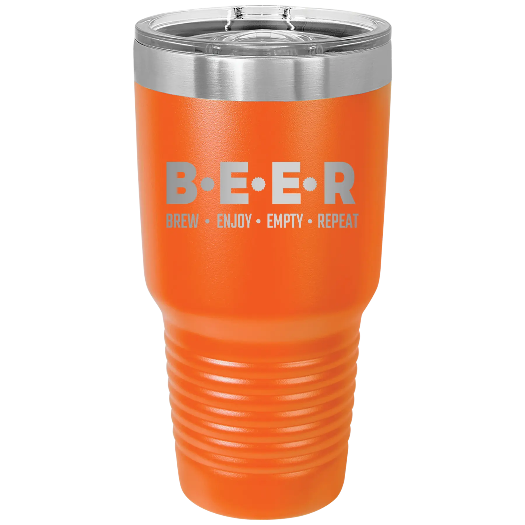 Laser etched orange 30 oz vacuum insulated tumbler with 'Brew Enjoy Empty Repeat' design