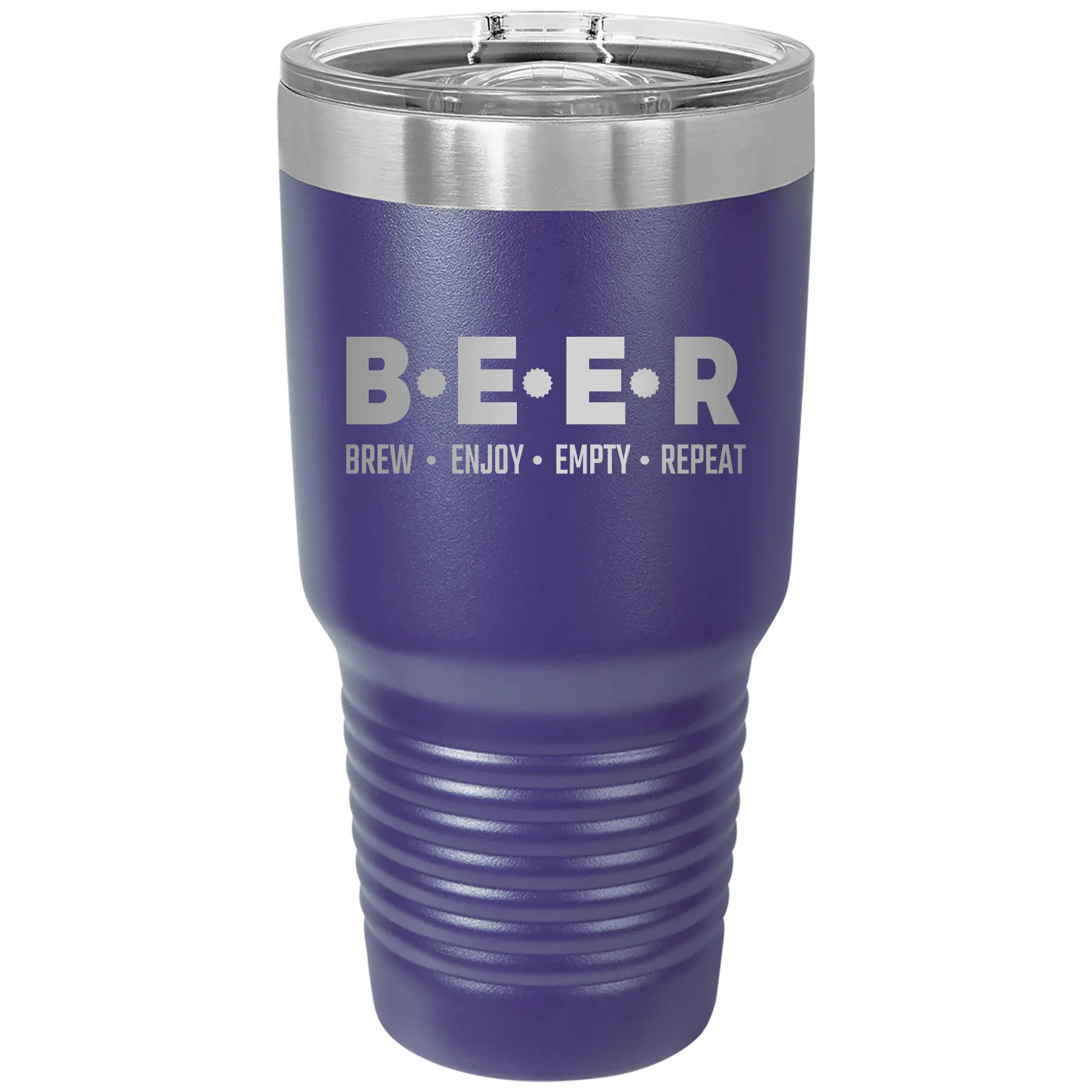 Laser etched purple 30 oz vacuum insulated tumbler with 'Brew Enjoy Empty Repeat' design