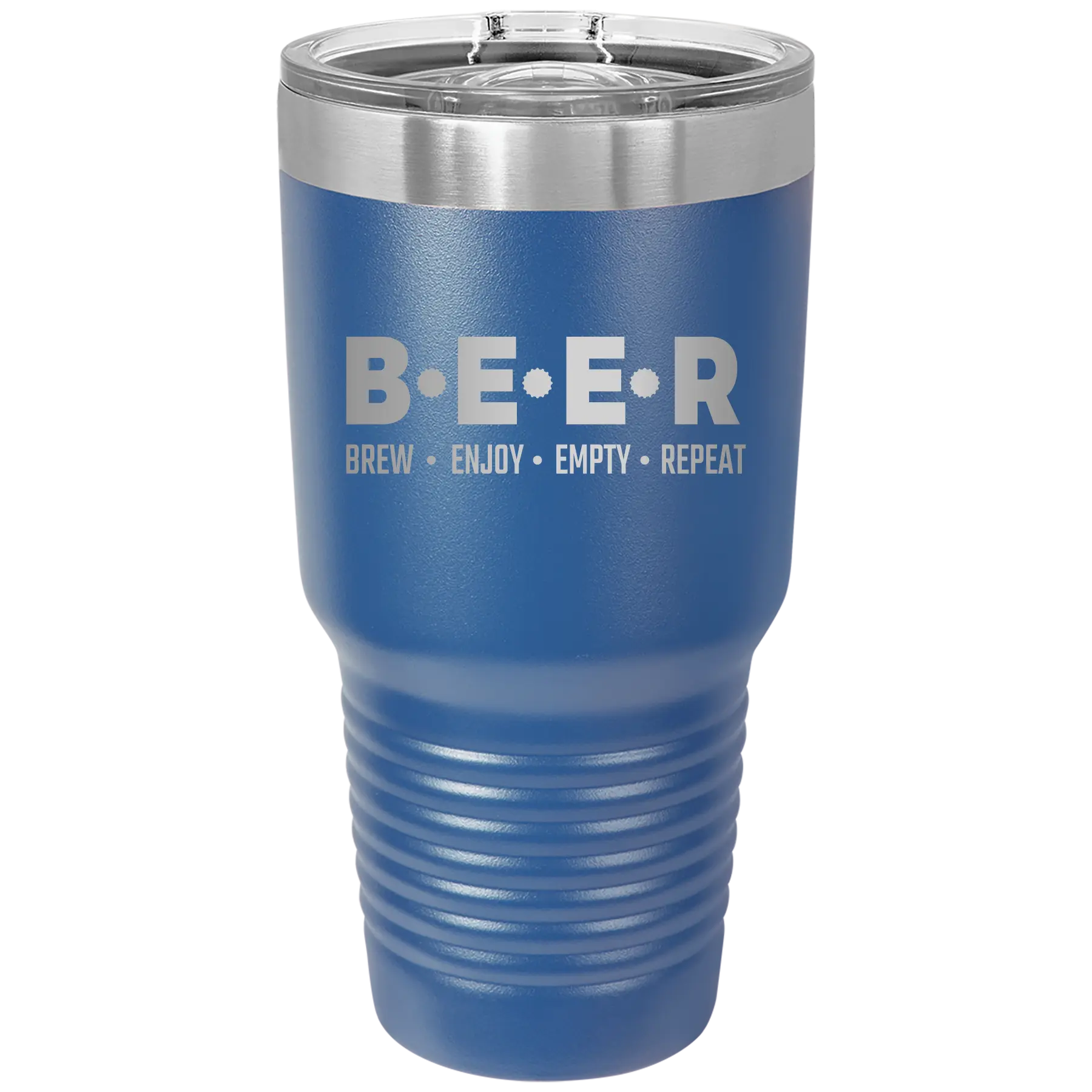 Laser etched royal blue 30 oz vacuum insulated tumbler with 'Brew Enjoy Empty Repeat' design