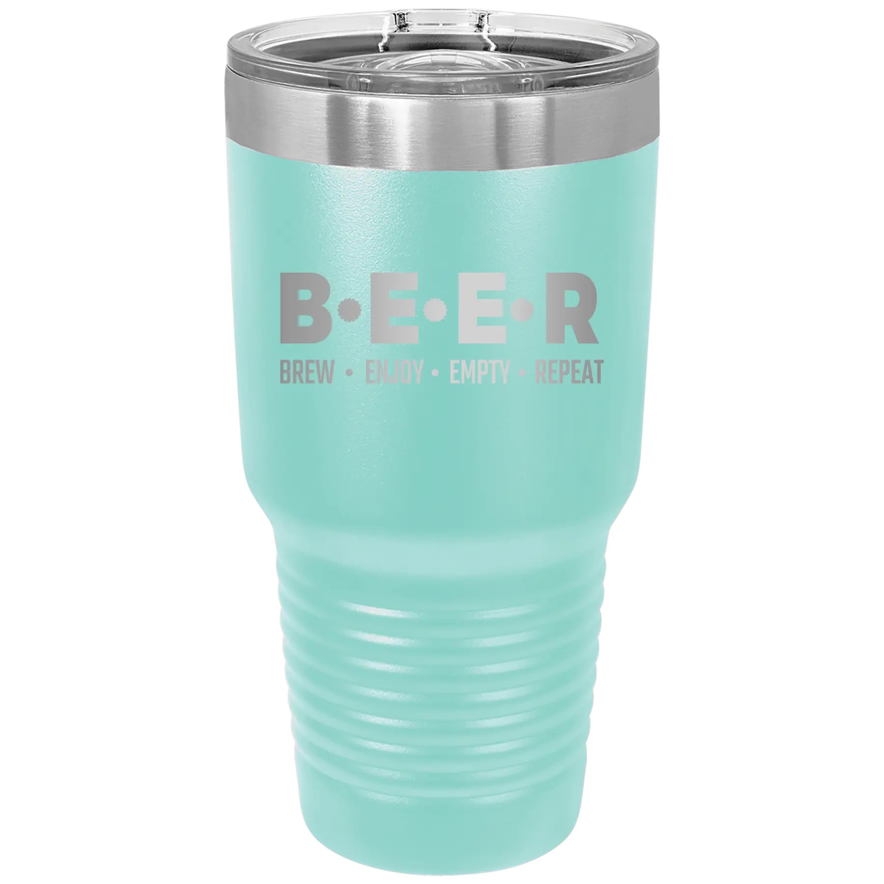 Laser etched teal 30 oz vacuum insulated tumbler with 'Brew Enjoy Empty Repeat' design