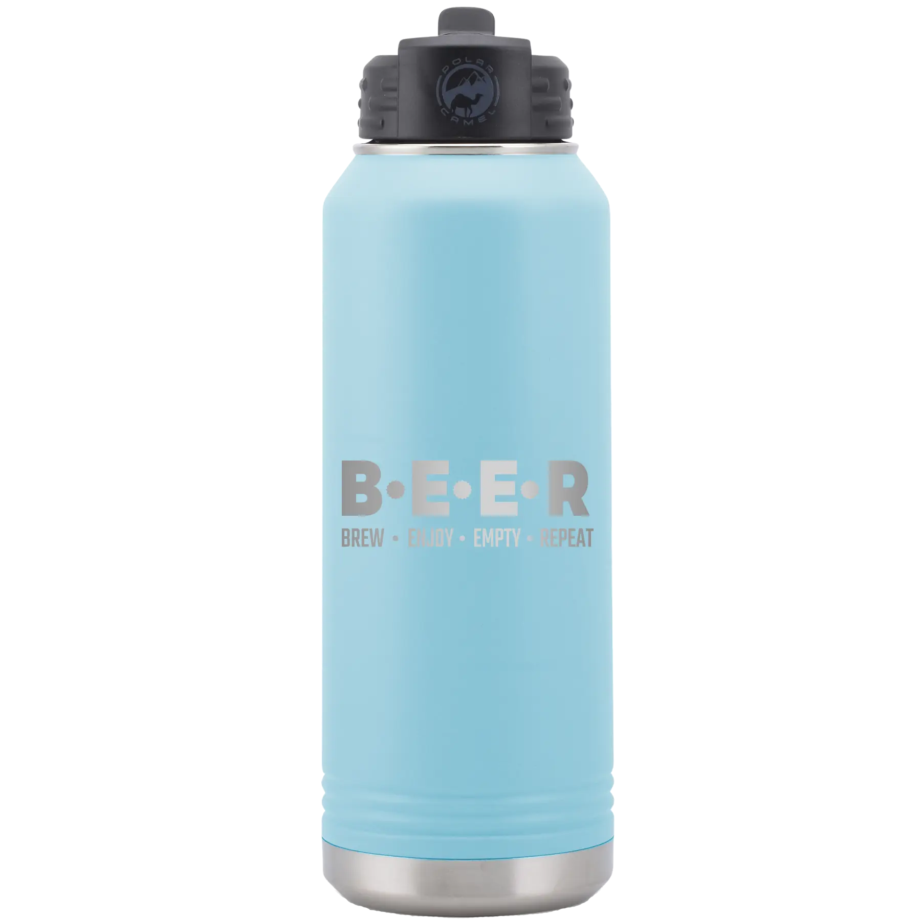 Laser etched light blue 32 oz vacuum insulated water bottle with 'Brew Enjoy Empty Repeat' design