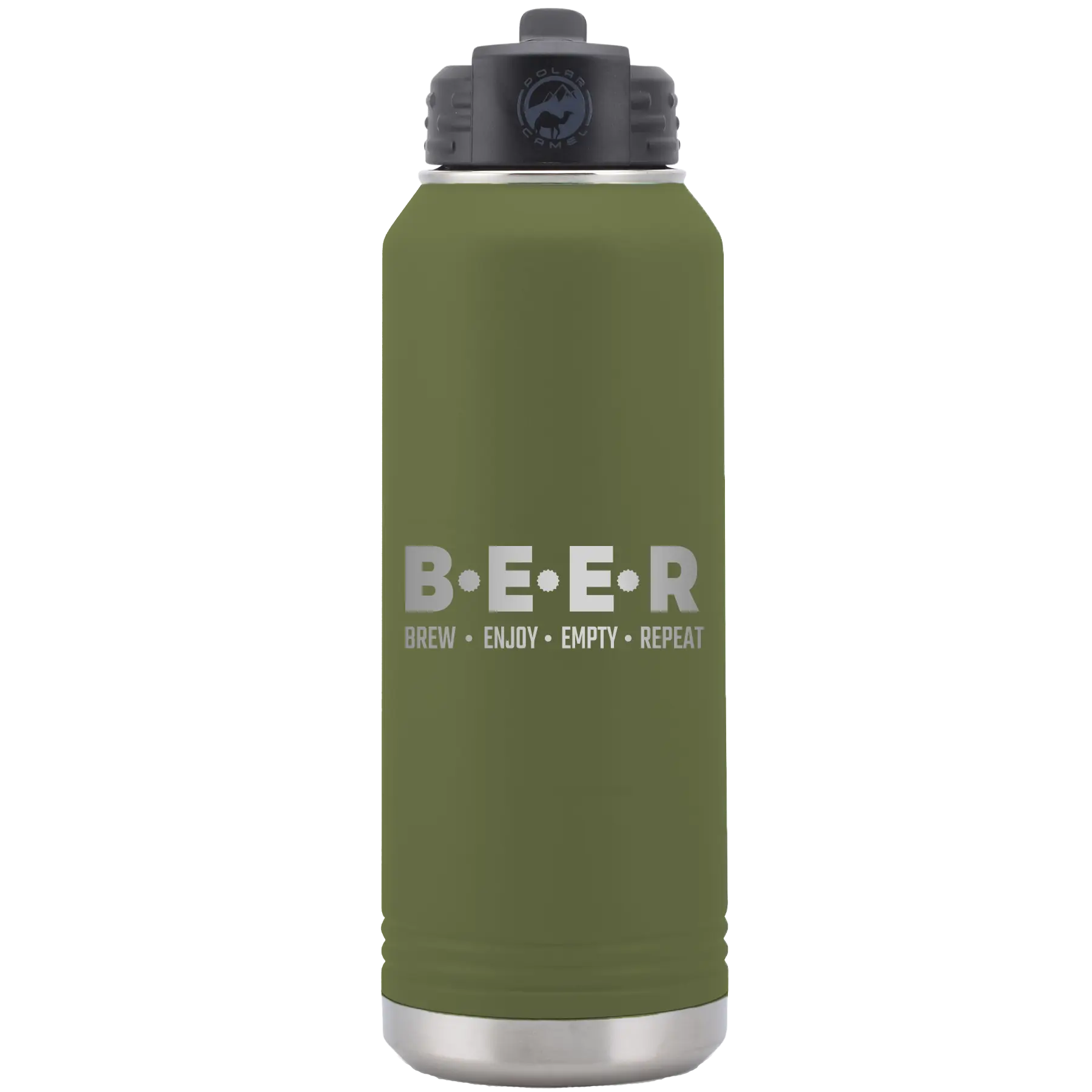 Laser etched olive green 32 oz vacuum insulated water bottle with 'Brew Enjoy Empty Repeat' design