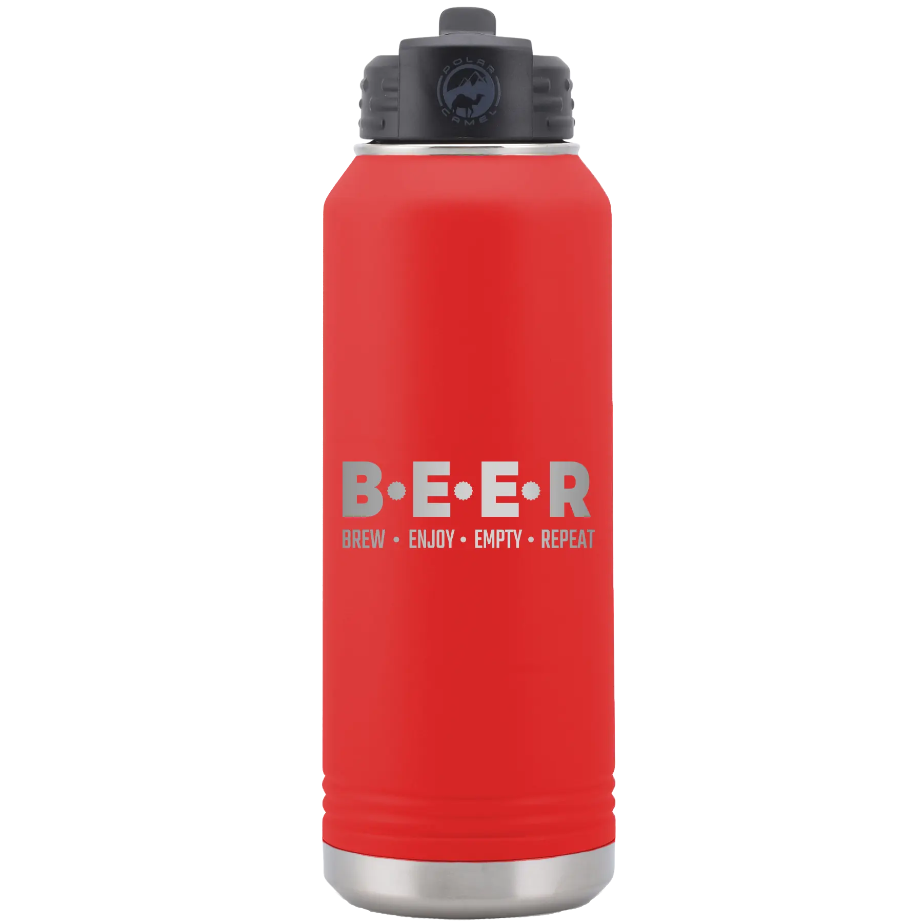 Laser etched red 32 oz vacuum insulated water bottle with 'Brew Enjoy Empty Repeat' design