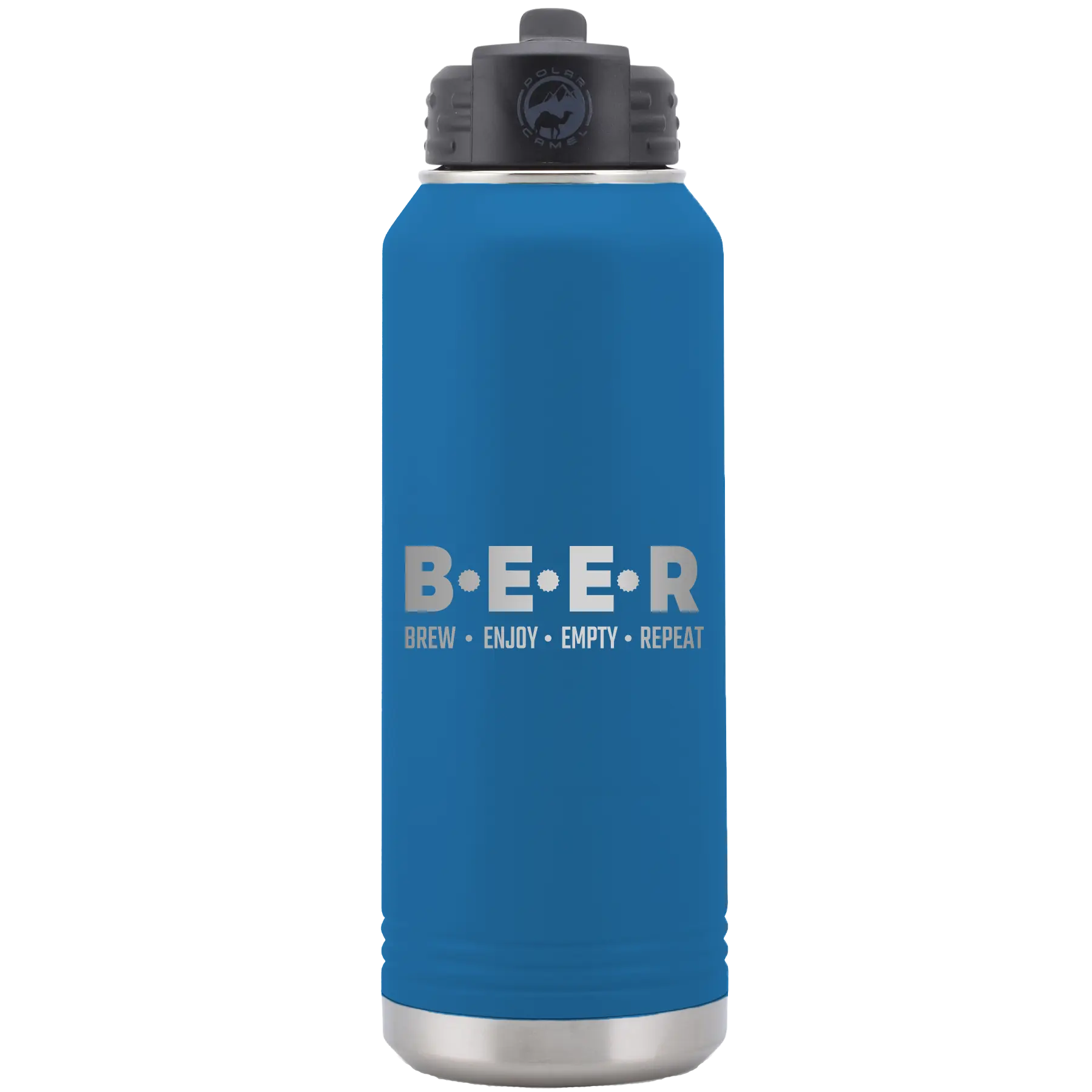 Laser etched royal blue 32 oz vacuum insulated water bottle with 'Brew Enjoy Empty Repeat' design