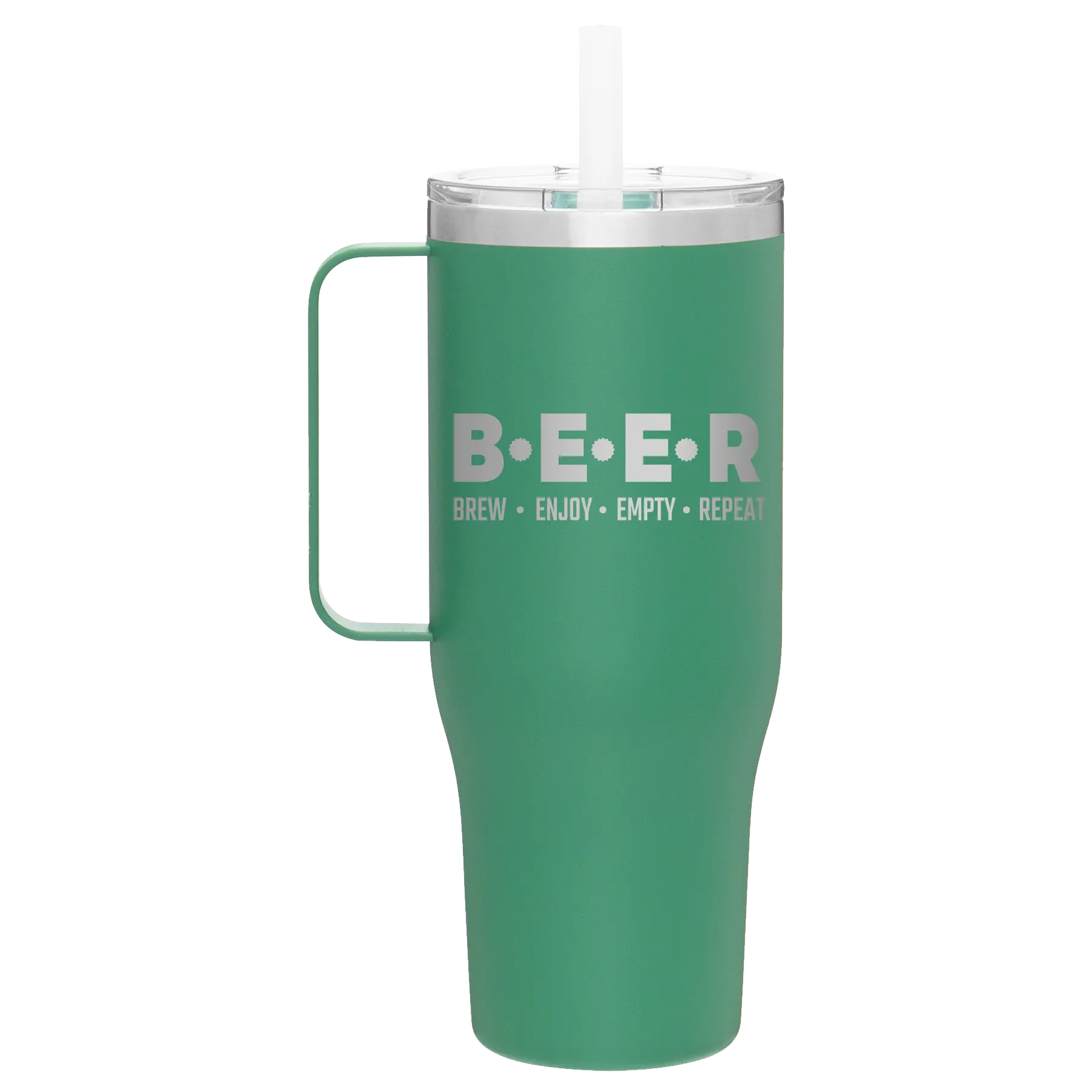 Laser etched forage 40 oz vacuum insulated tumbler mug with 'Brew Enjoy Empty Repeat' design